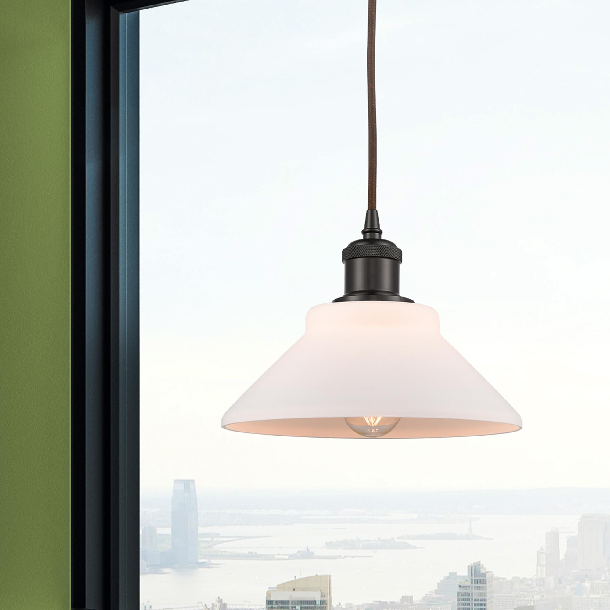 Shown in Oil Rubbed Bronze finish and Matte White - Disc glass and Brown Wire accent