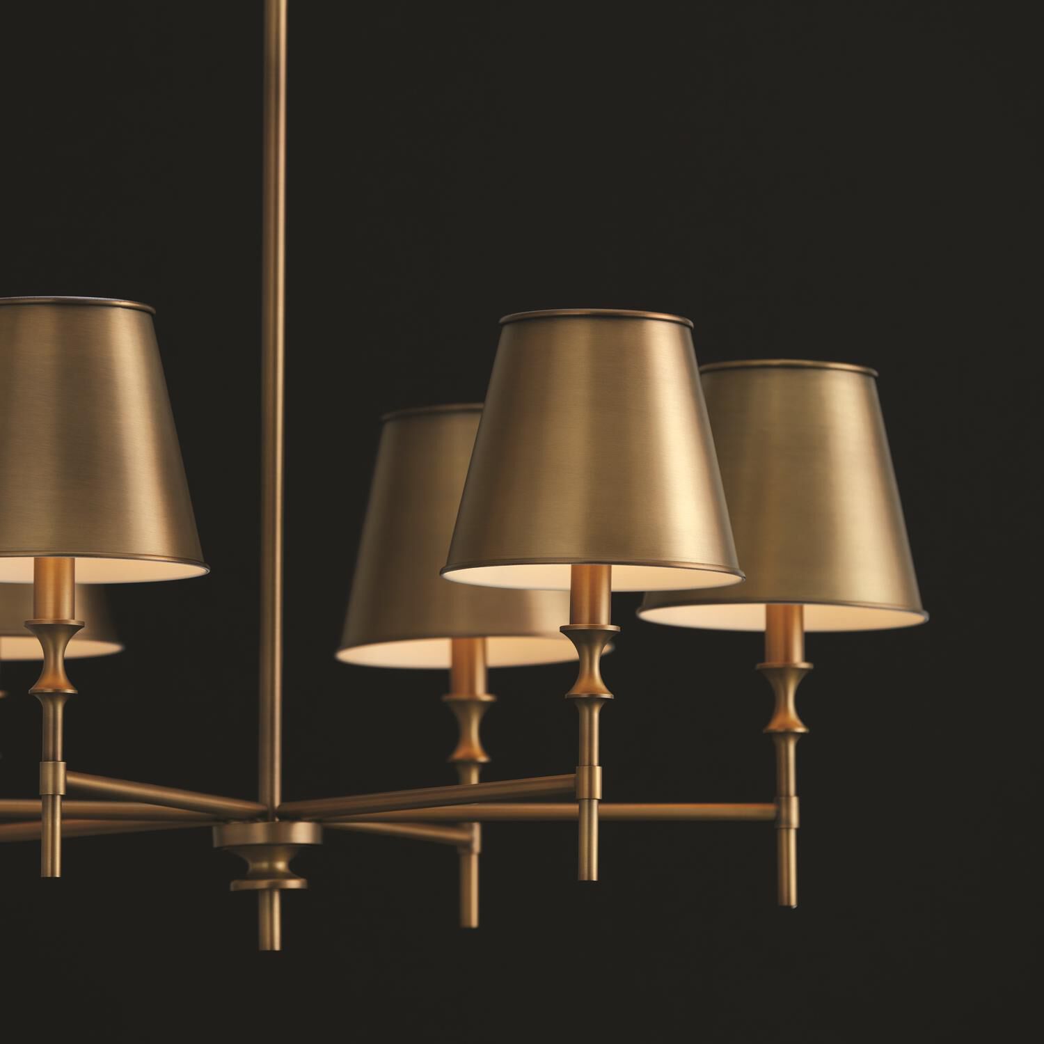Shown in Aged Brass finish and Aged Brass Metal Stay-Straight  with White Interior shade