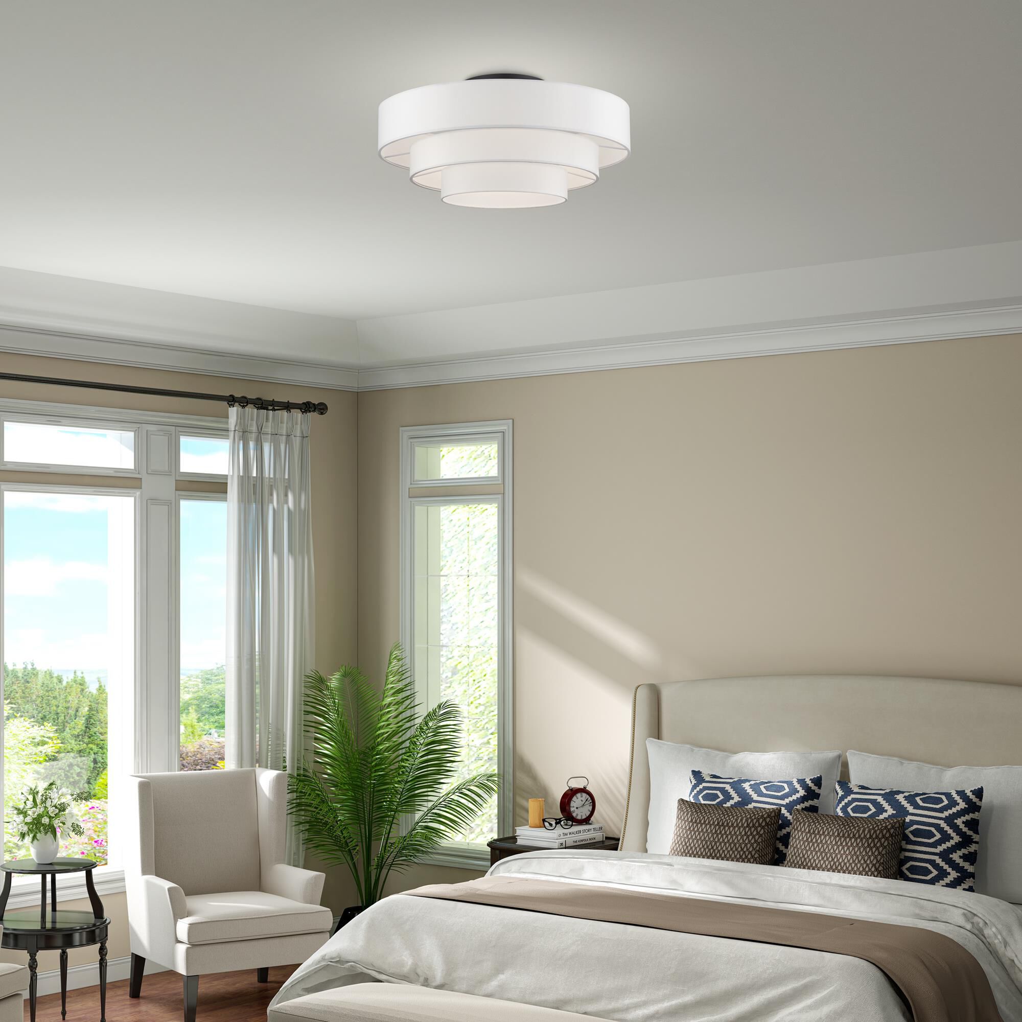 Shown in Bronze finish and Hand Crafted Off-White Fabric Hardbacks with White Fabric Inside shade