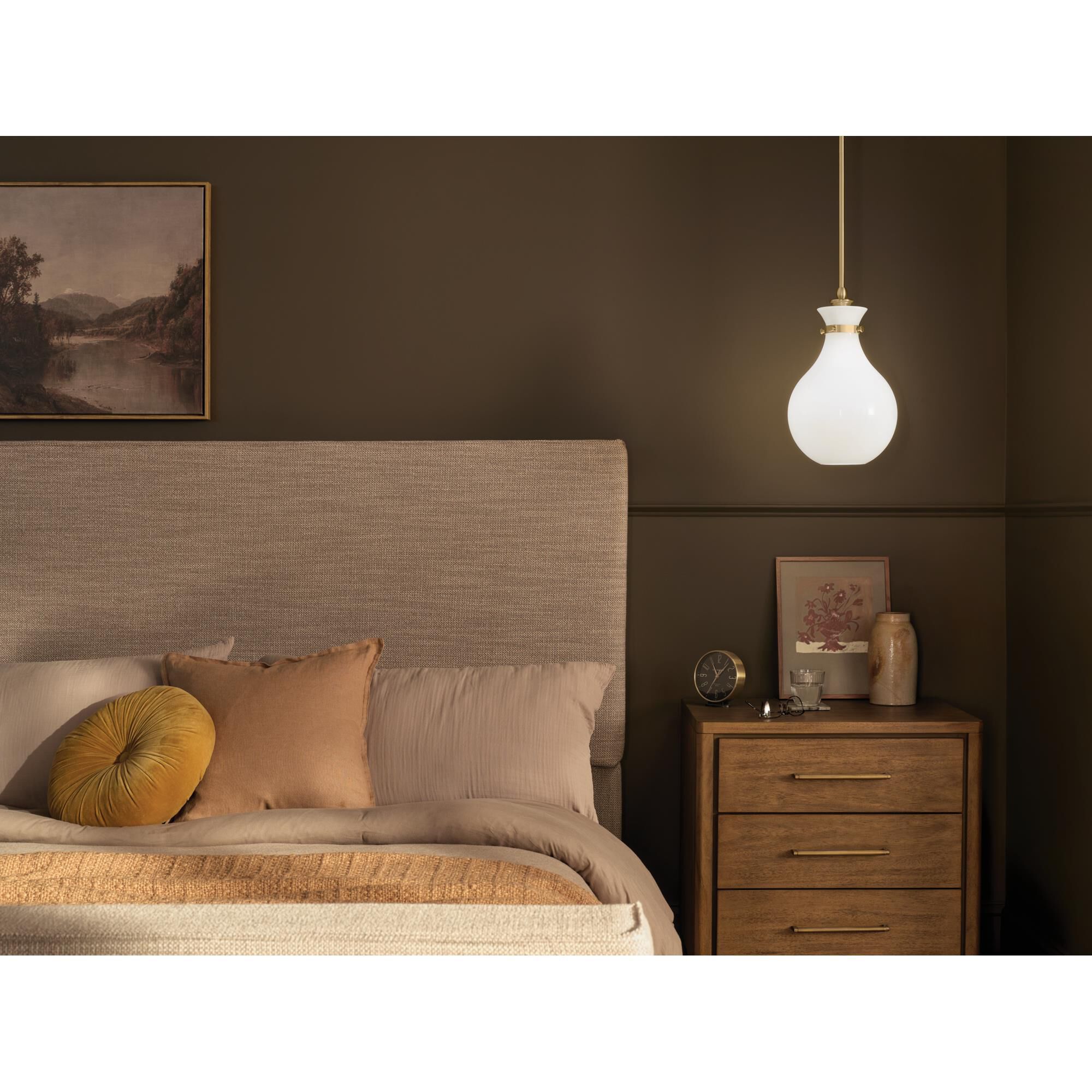 Shown in Champagne Bronze finish and Opal glass