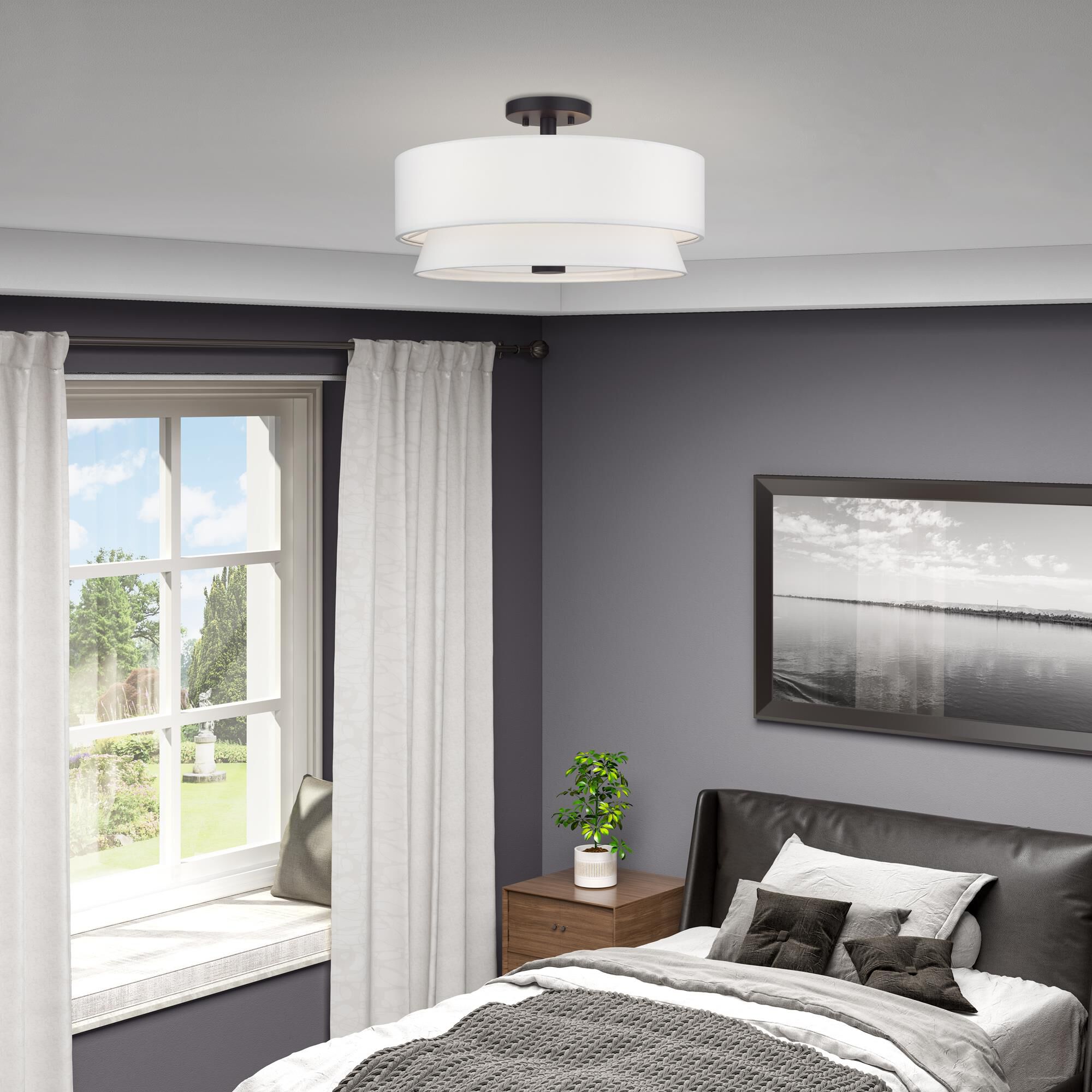 Shown in Bronze finish and Hand Crafted Off-White Fabric Hardbacks with White Fabric Inside shade