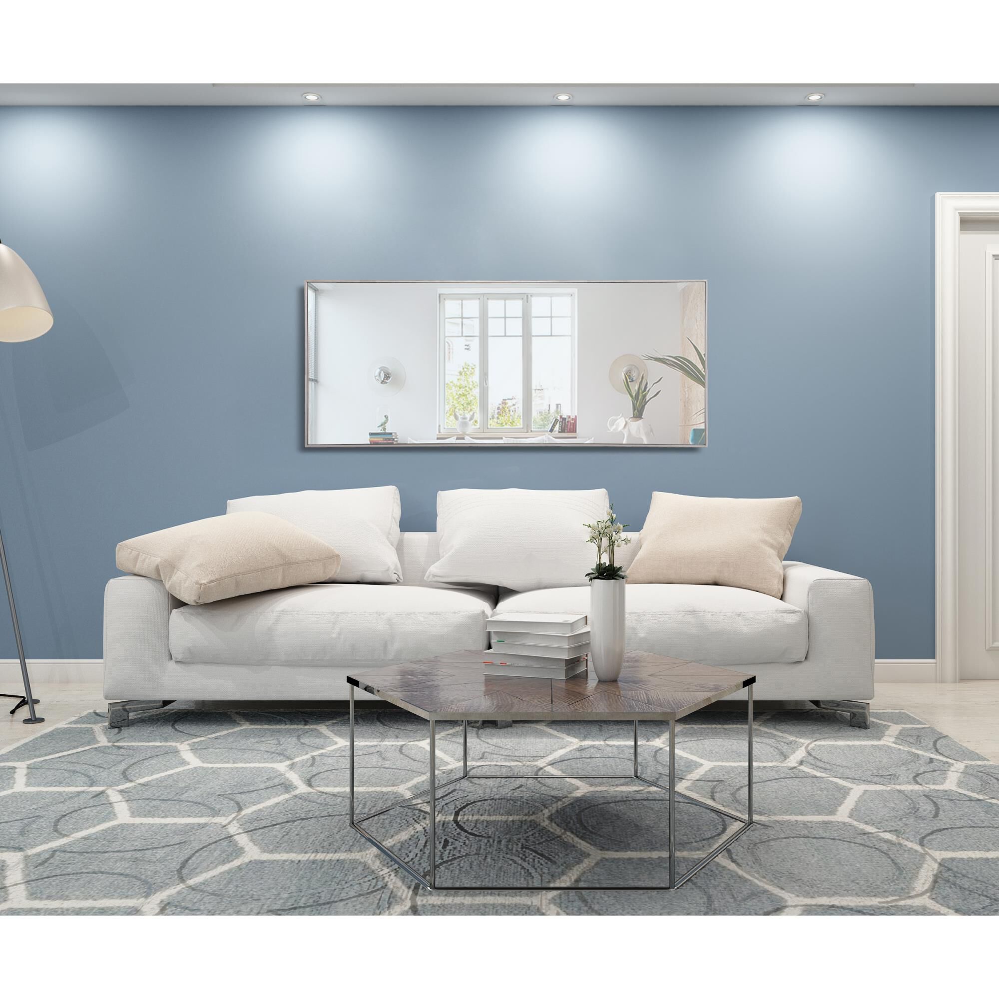 Shown in Silver finish and Clear Mirror Beveled glass