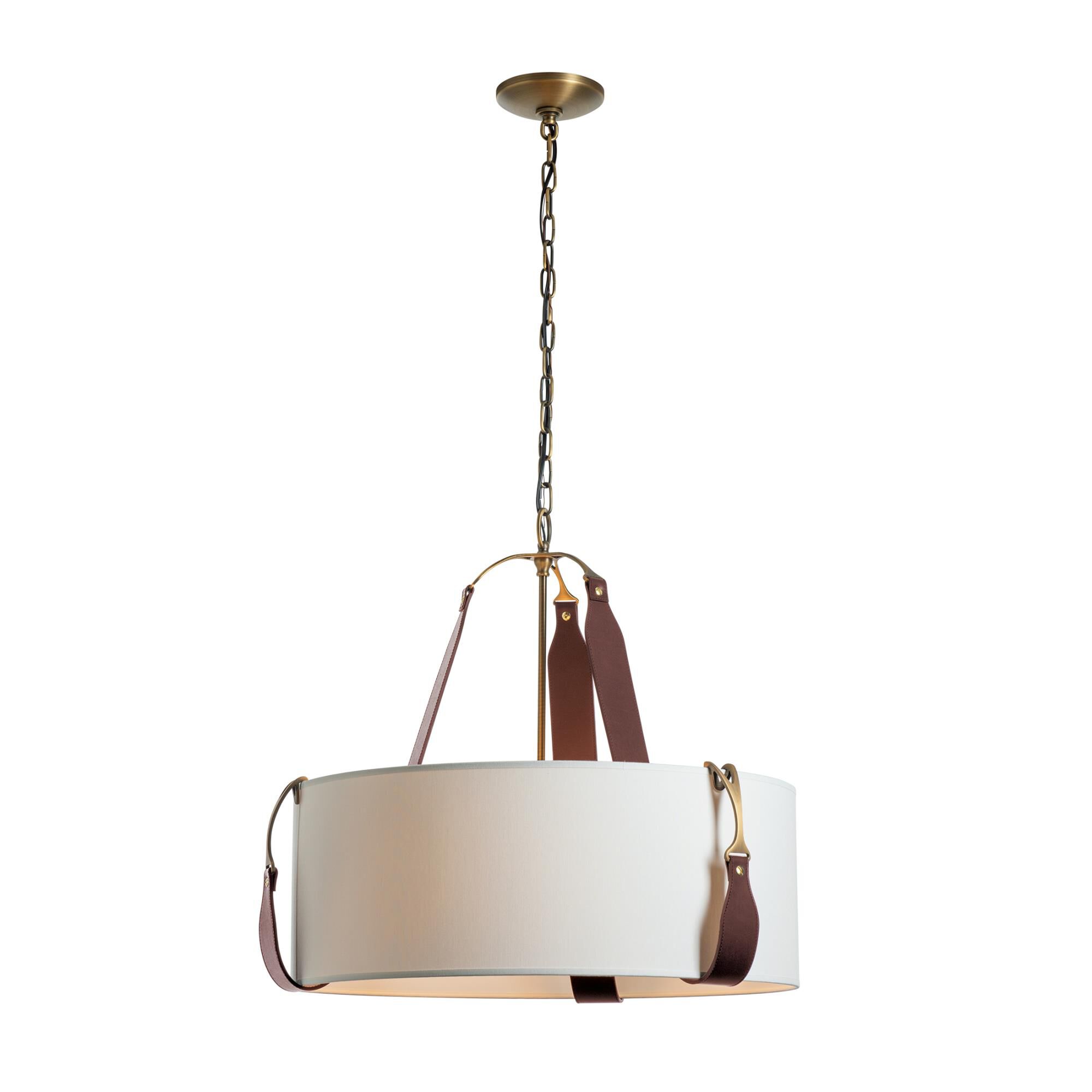 Shown in Antique Brass finish and Natural Anna shade and Leather British Brown accent