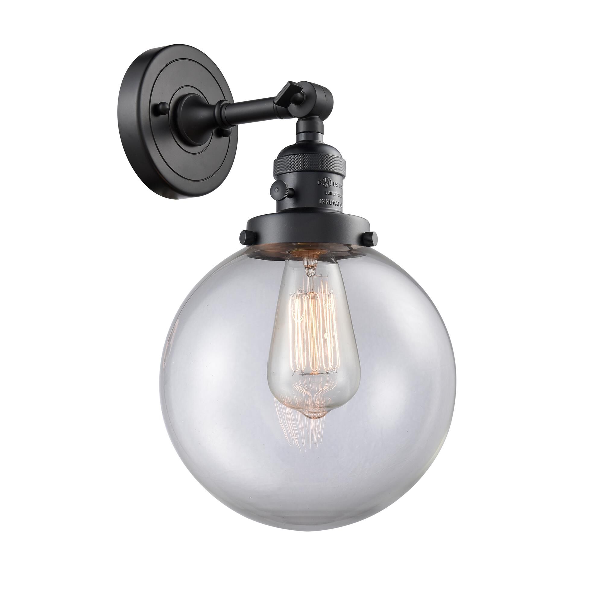 Shown in Matte Black finish and Clear glass and Switch on Socket accent