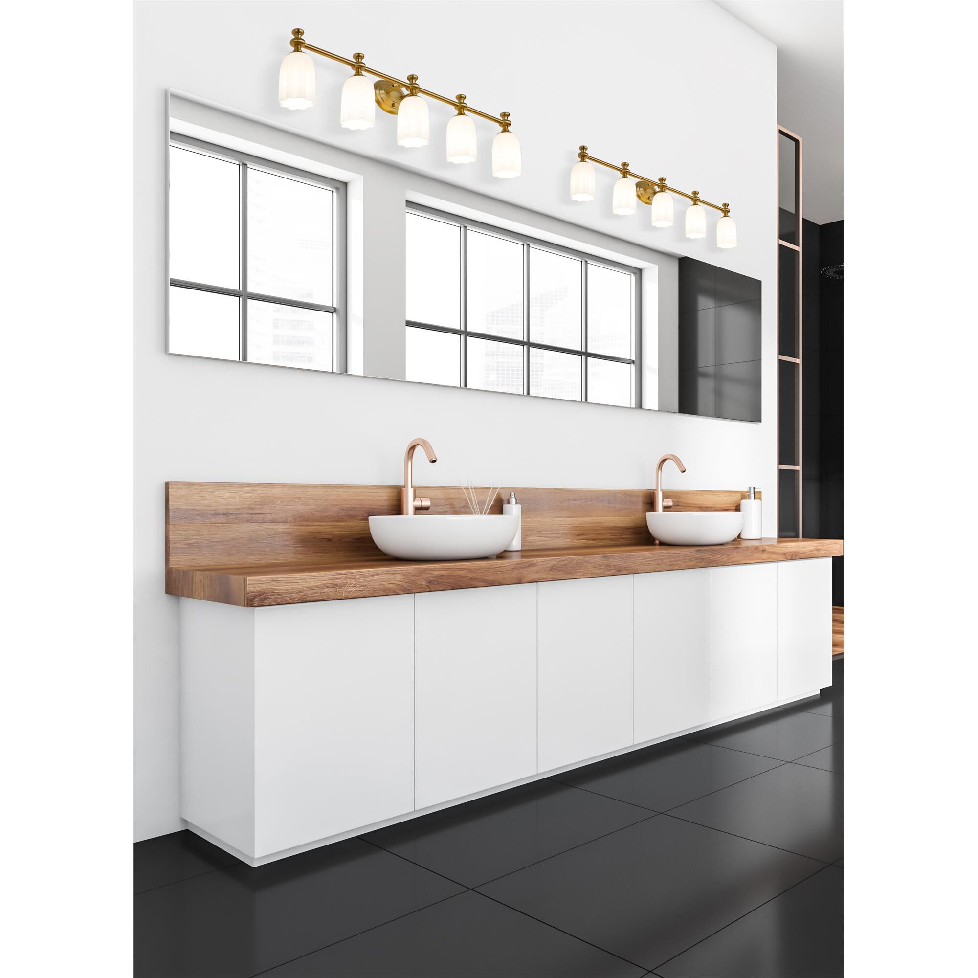 Shown in Modern Gold finish and Opal Etched glass and Opal Etched shade