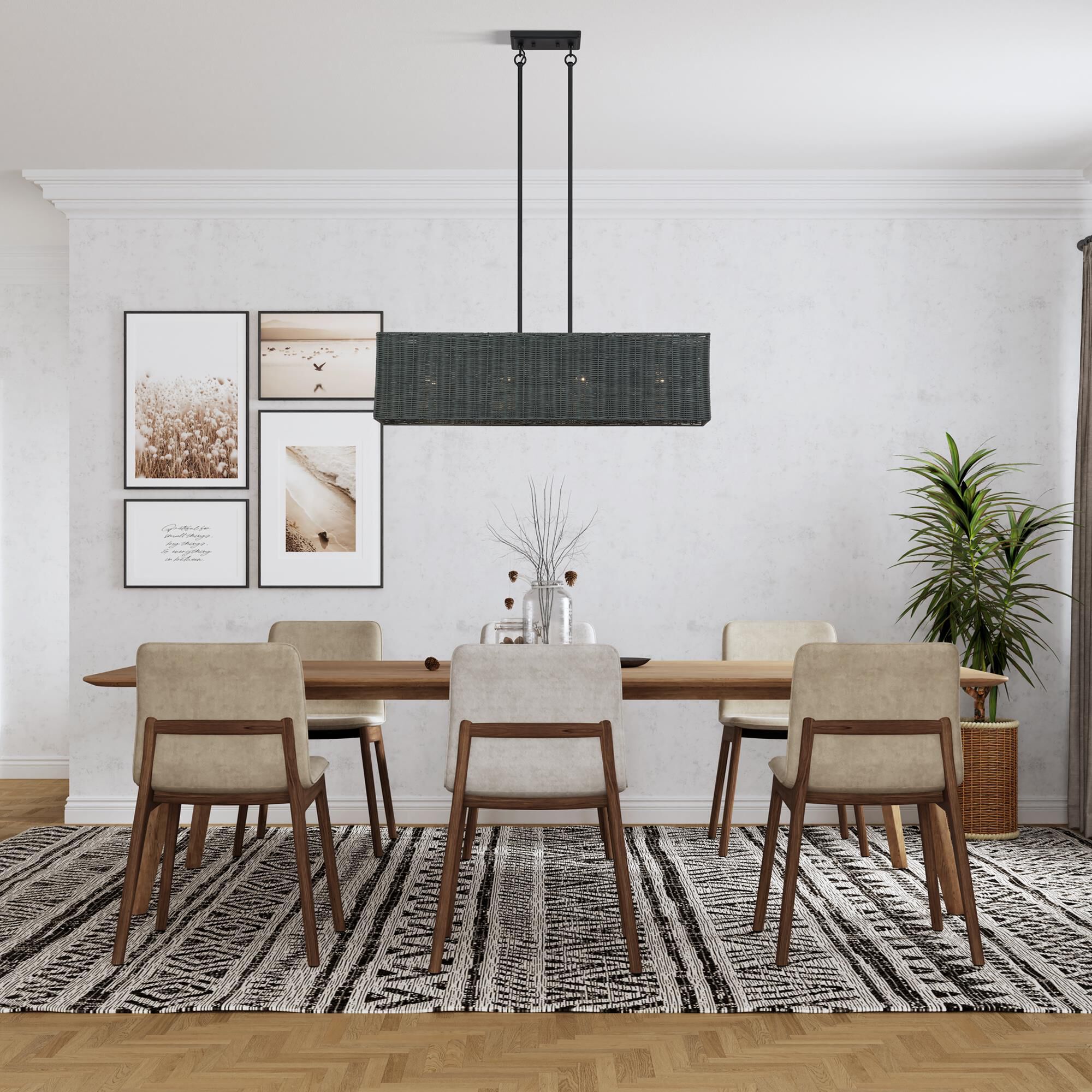 Shown in Black finish and Hand-Woven Charred Gray Color Rattan shade