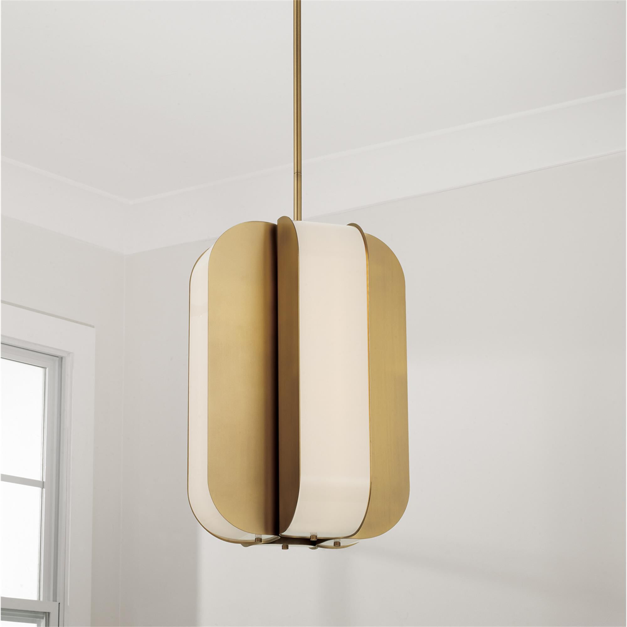 Shown in Aged Brass finish and White Milk glass