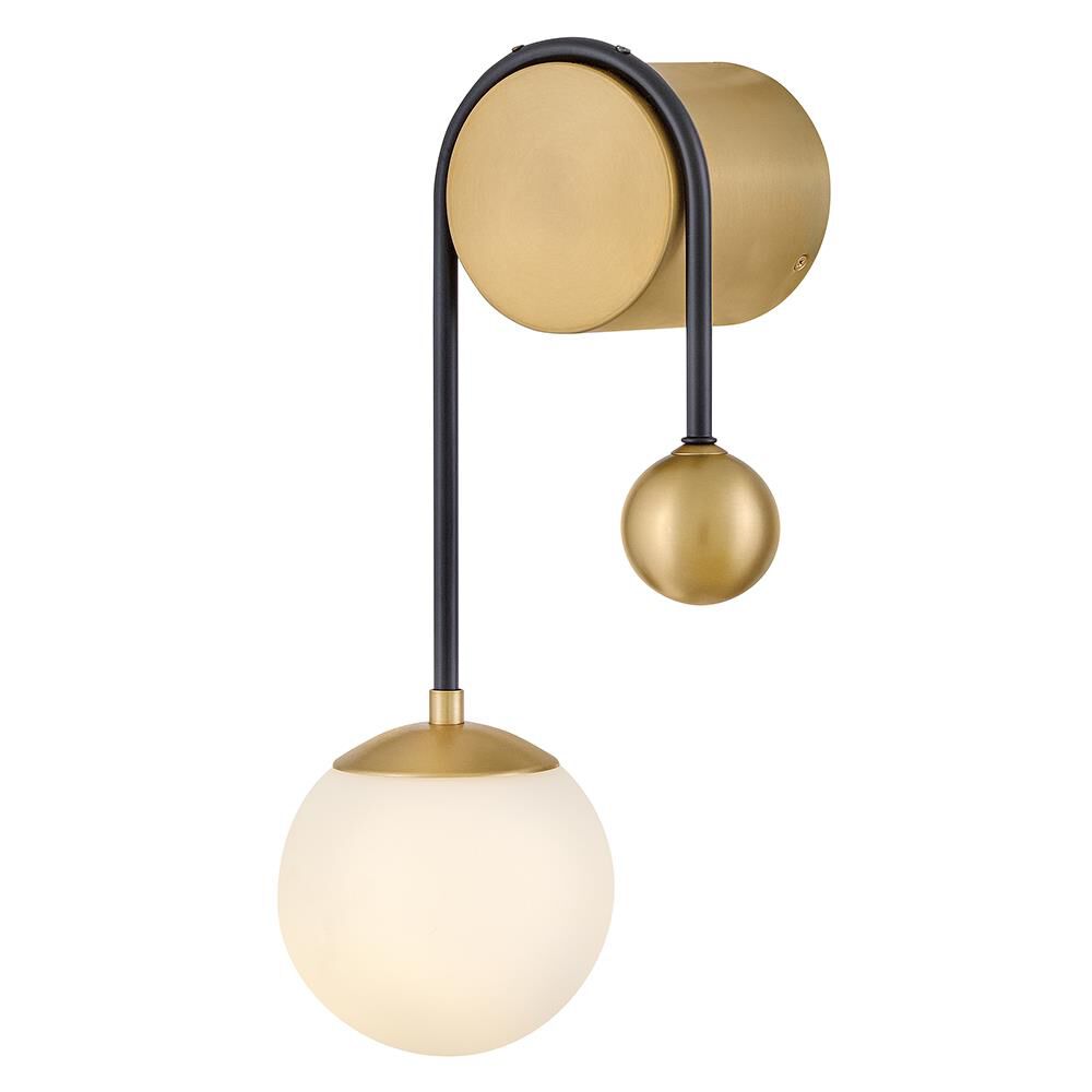 Shown in Black finish and Etched Opal glass and Lacquered Brass accent