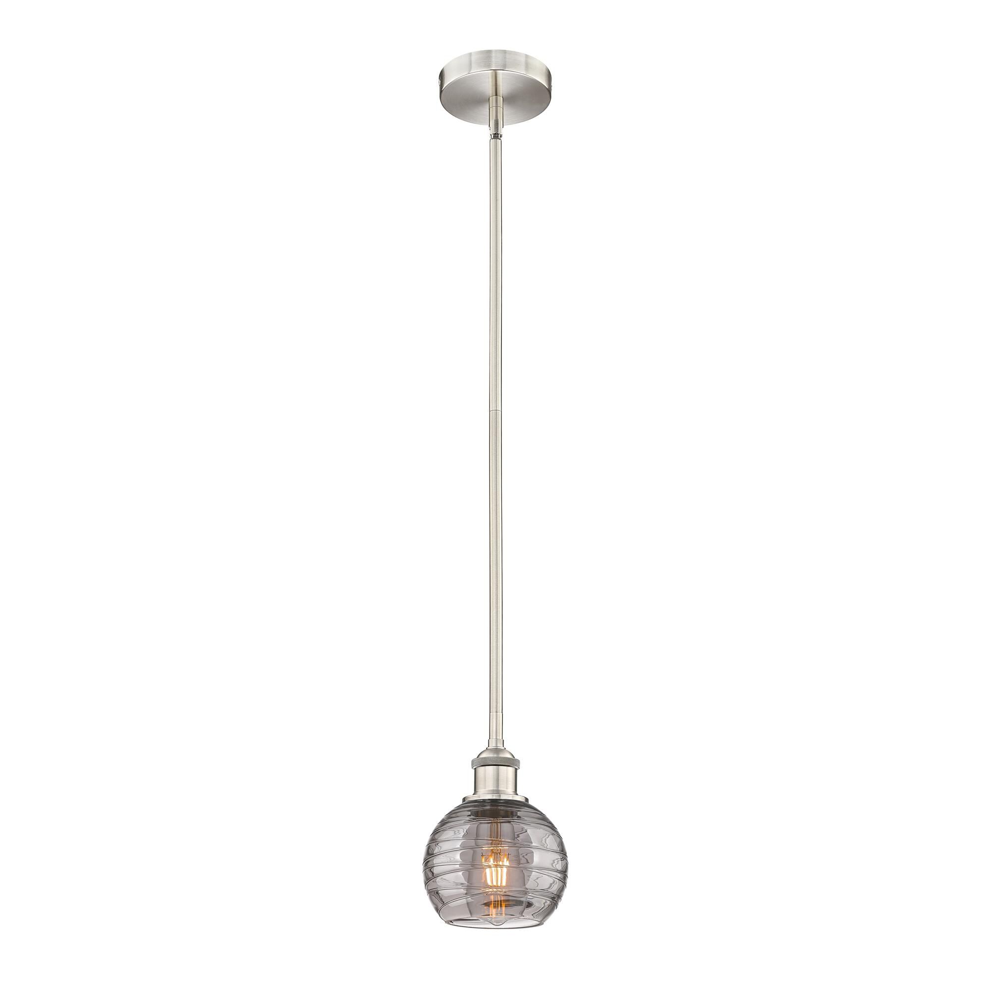 Shown in Brushed Satin Nickel finish and Light Smoke Deco Swirl glass