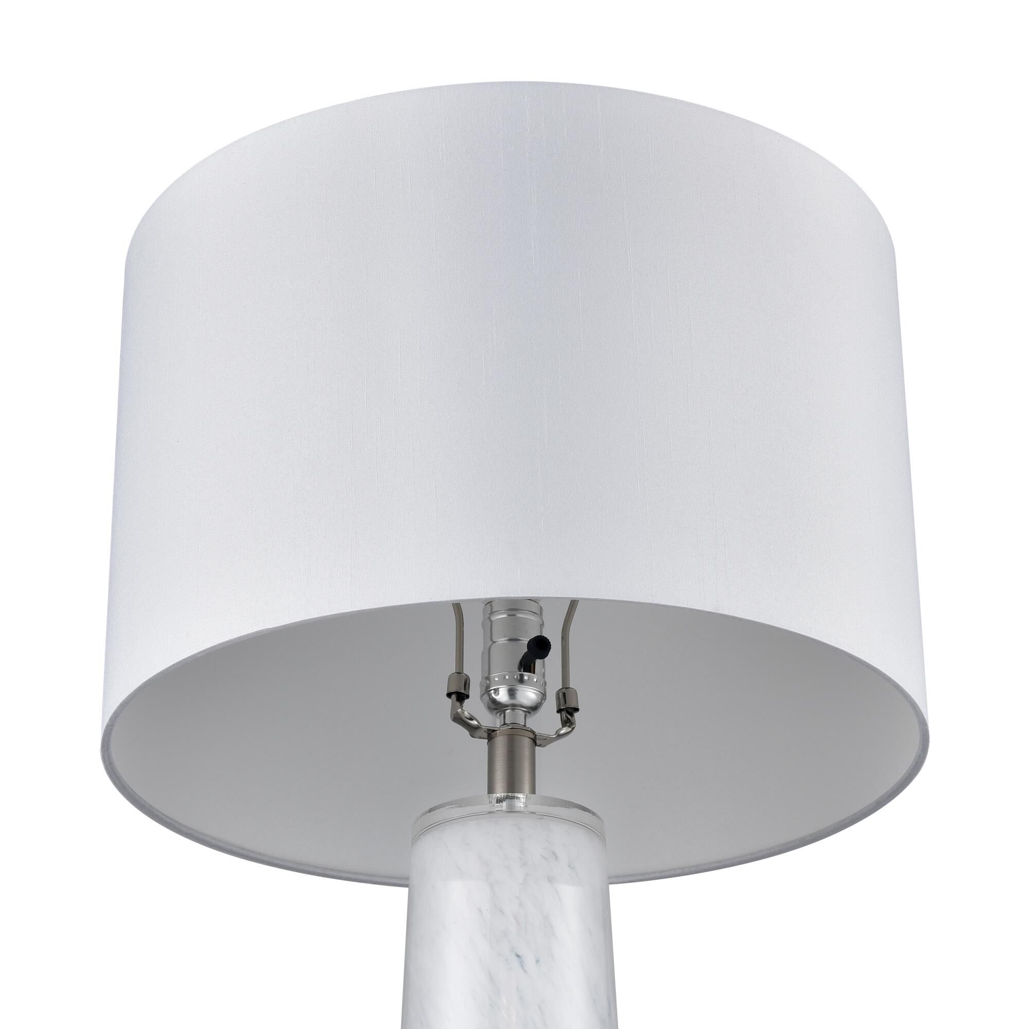 Shown in White finish and White Faux Silk Drum Fabric Hardback shade