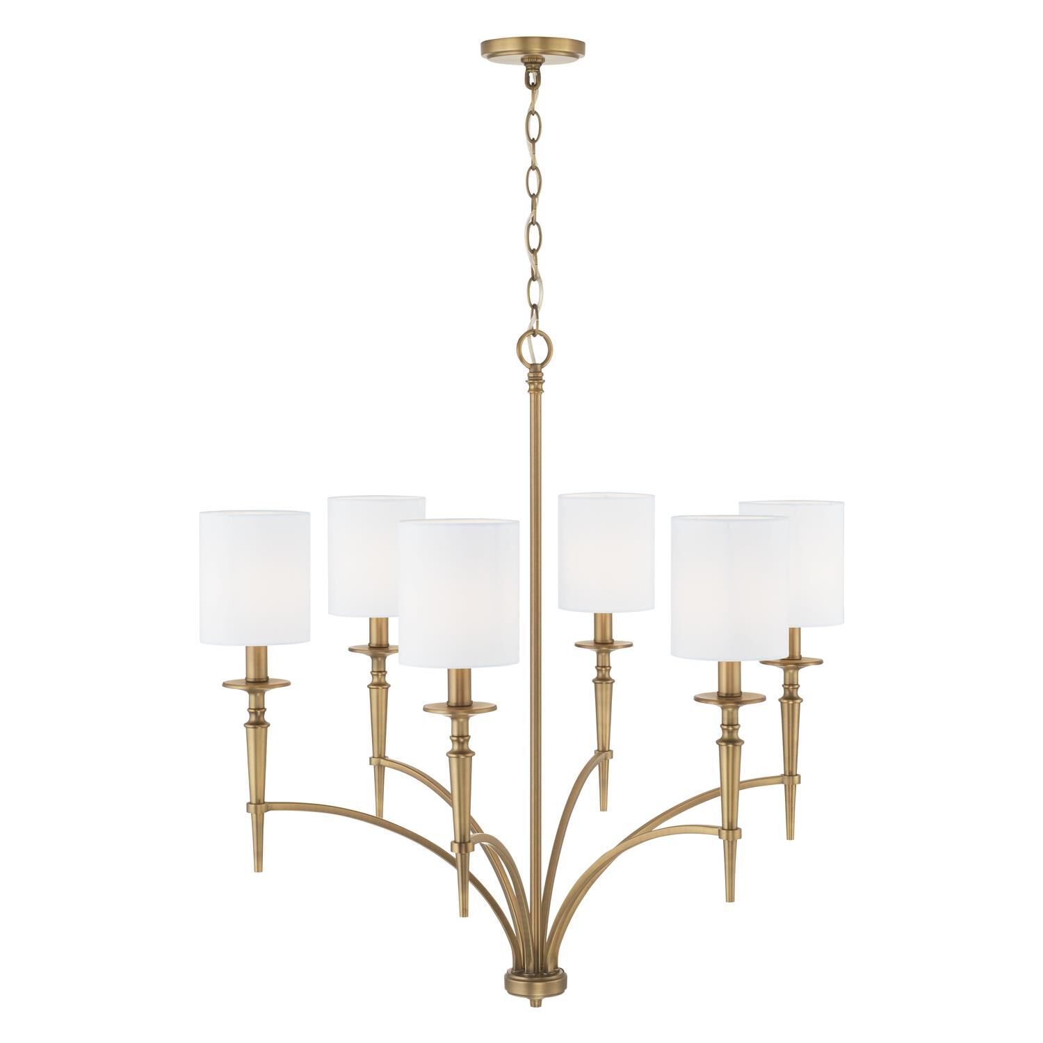 Shown in Aged Brass finish and 701 glass and White Fabric Stay-Straight s shade