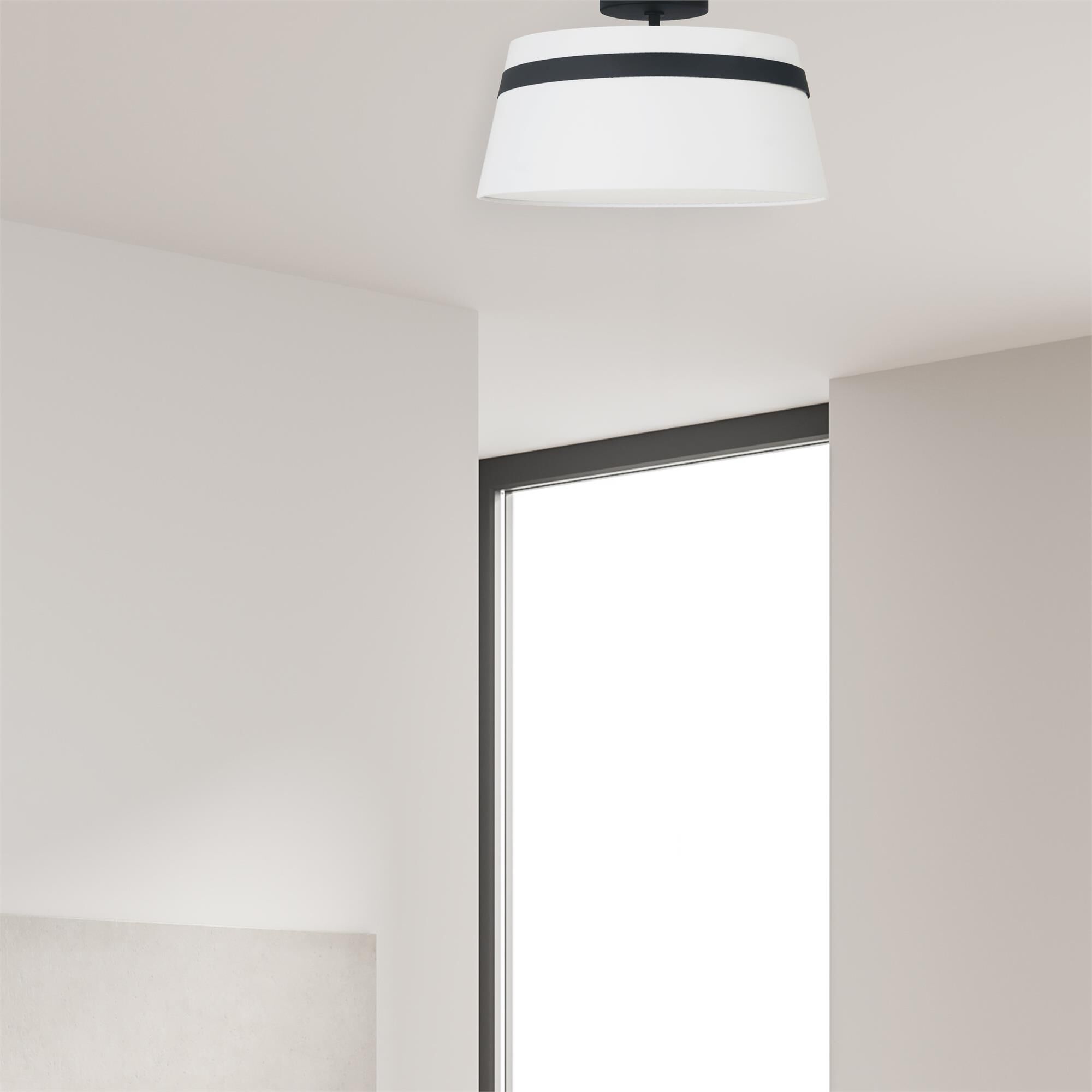 Shown in White and Black finish and White Fabric Tapered Drum shade
