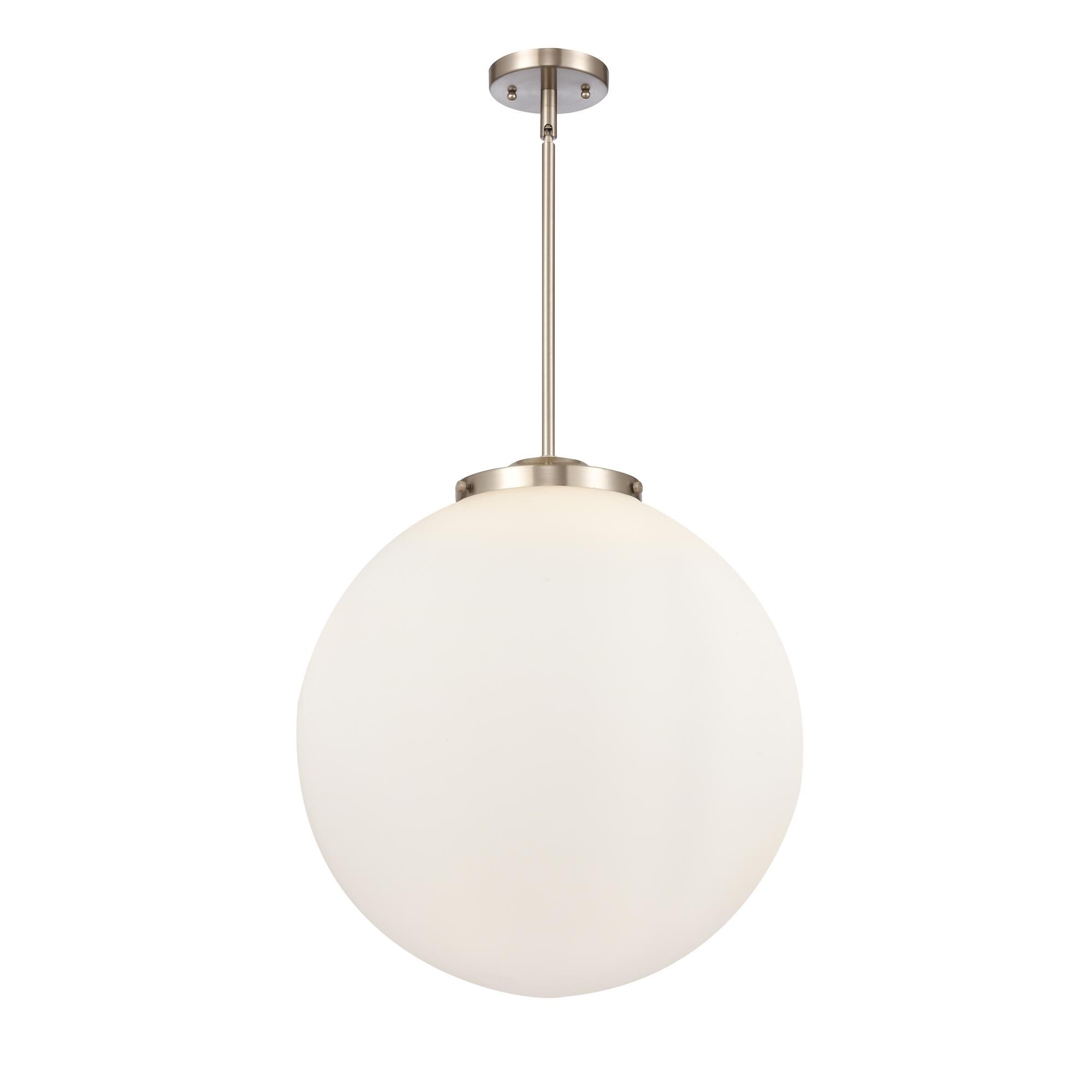Shown in Brushed Satin Nickel finish and Matte White Cased Beacon glass