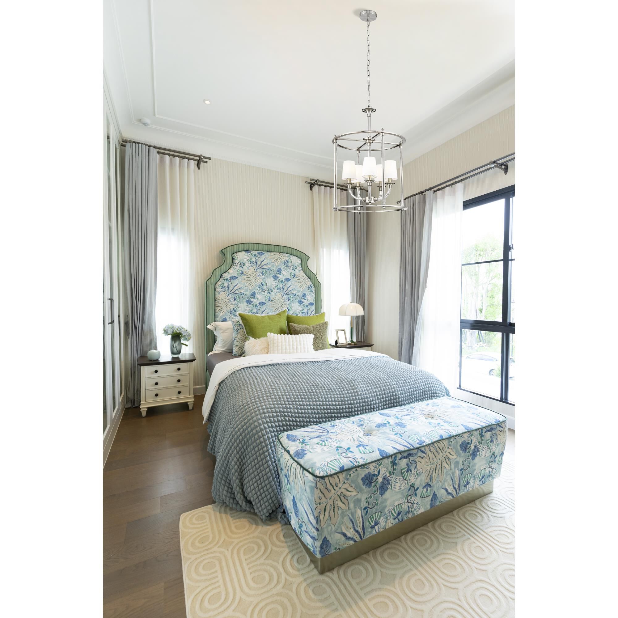 Shown in Brushed Nickel finish and White glass and White shade