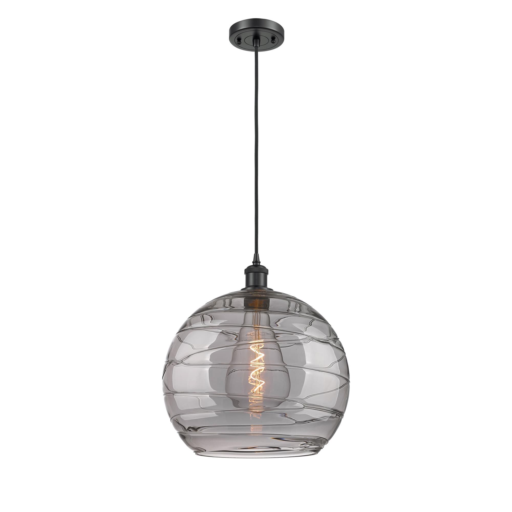 Shown in Matte Black finish and Light Smoke Deco Swirl glass