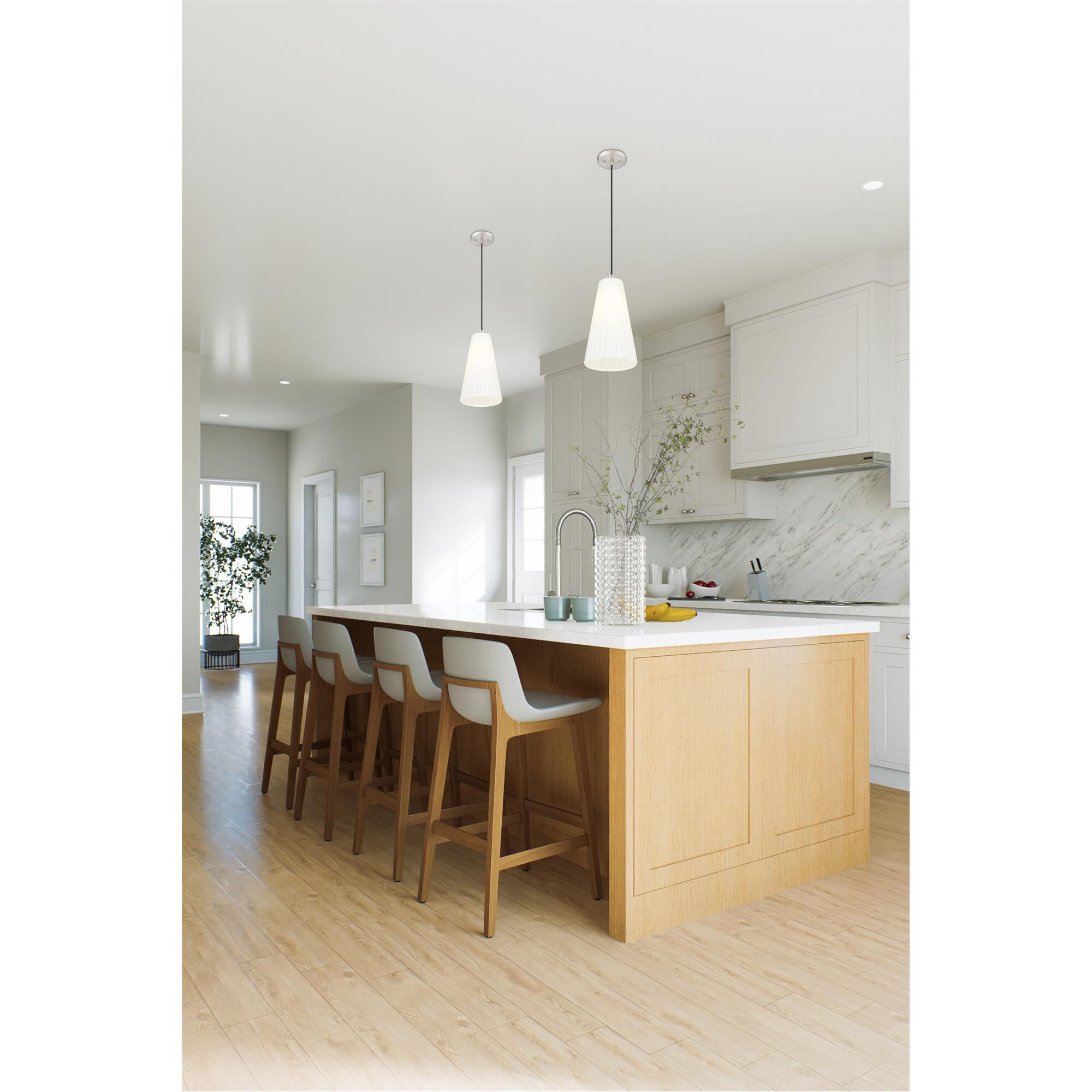 Shown in Brushed Nickel finish and White glass and White shade