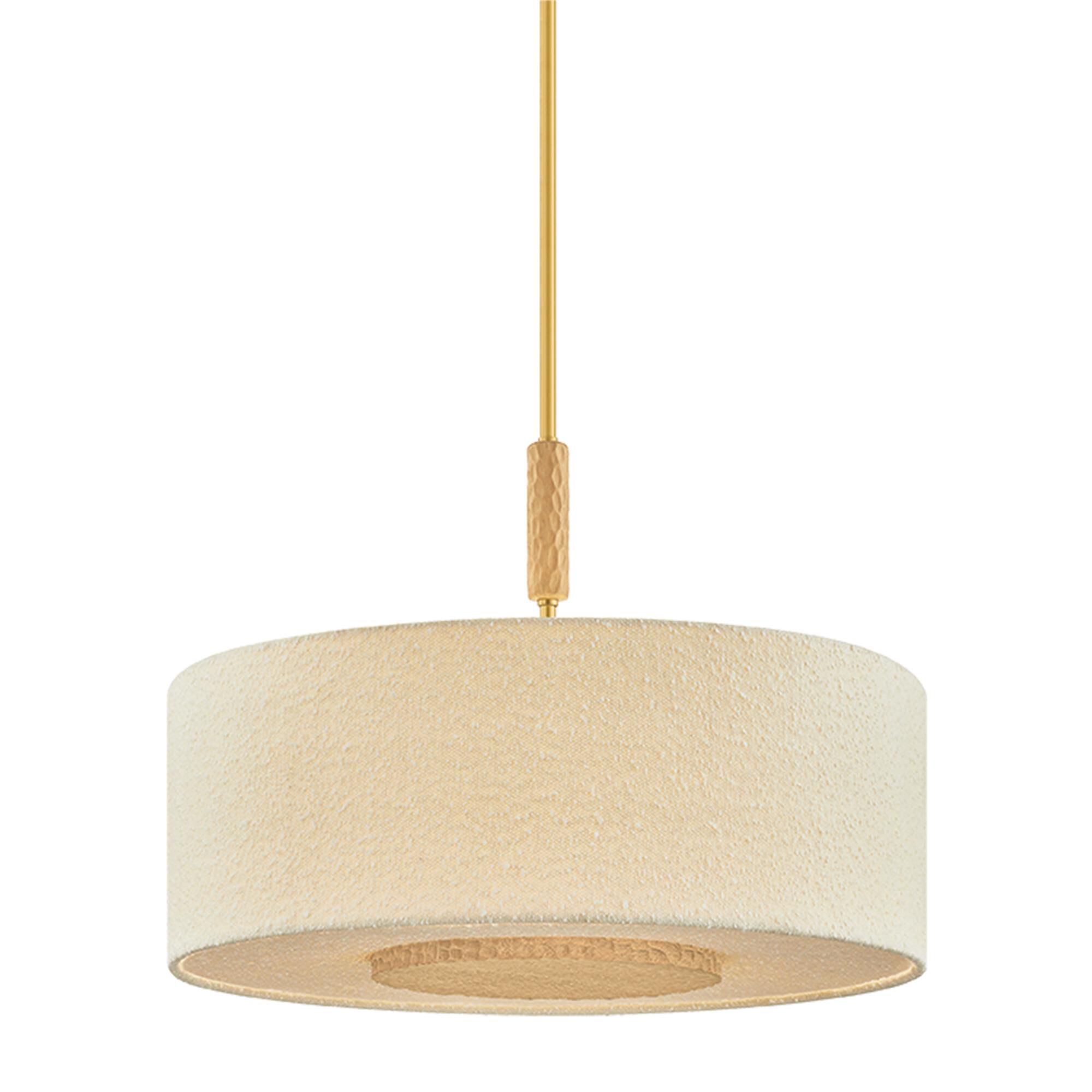 Shown in Aged Brass finish and Textured Linen shade
