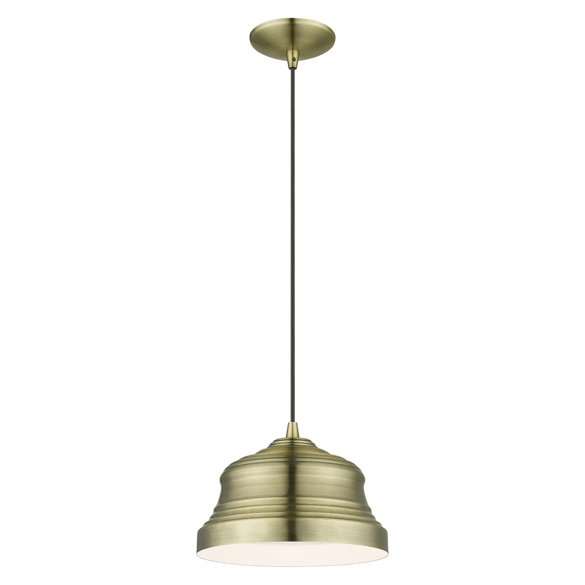Shown in Antique Brass finish and Antique Brass Steel with Shiny White Finish Inside shade