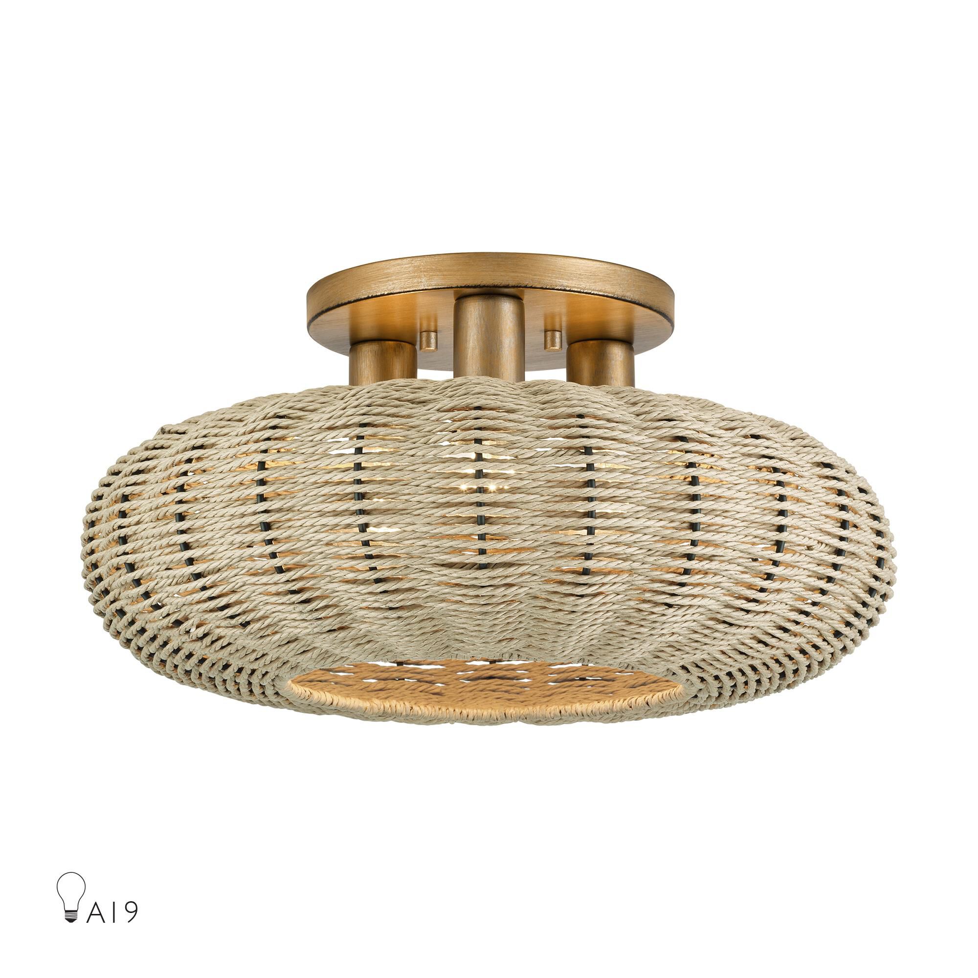 Shown in Antique Gold Leaf finish and Hand-Woven French Beige Paper Rope shade