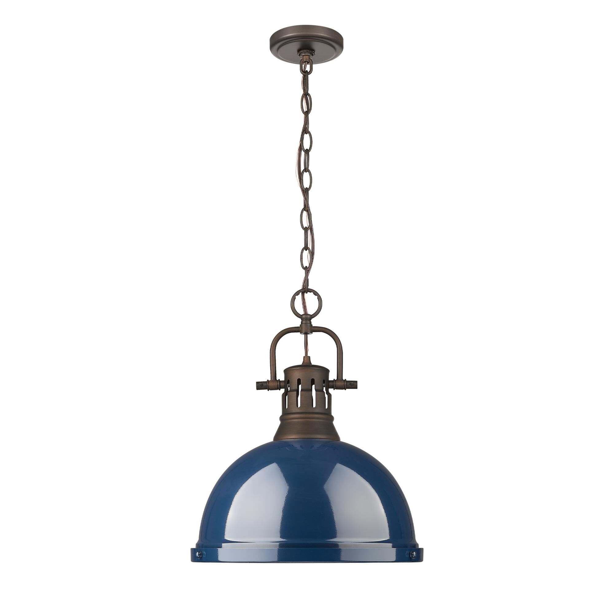 Shown in Rubbed Bronze finish and Navy Blue shade