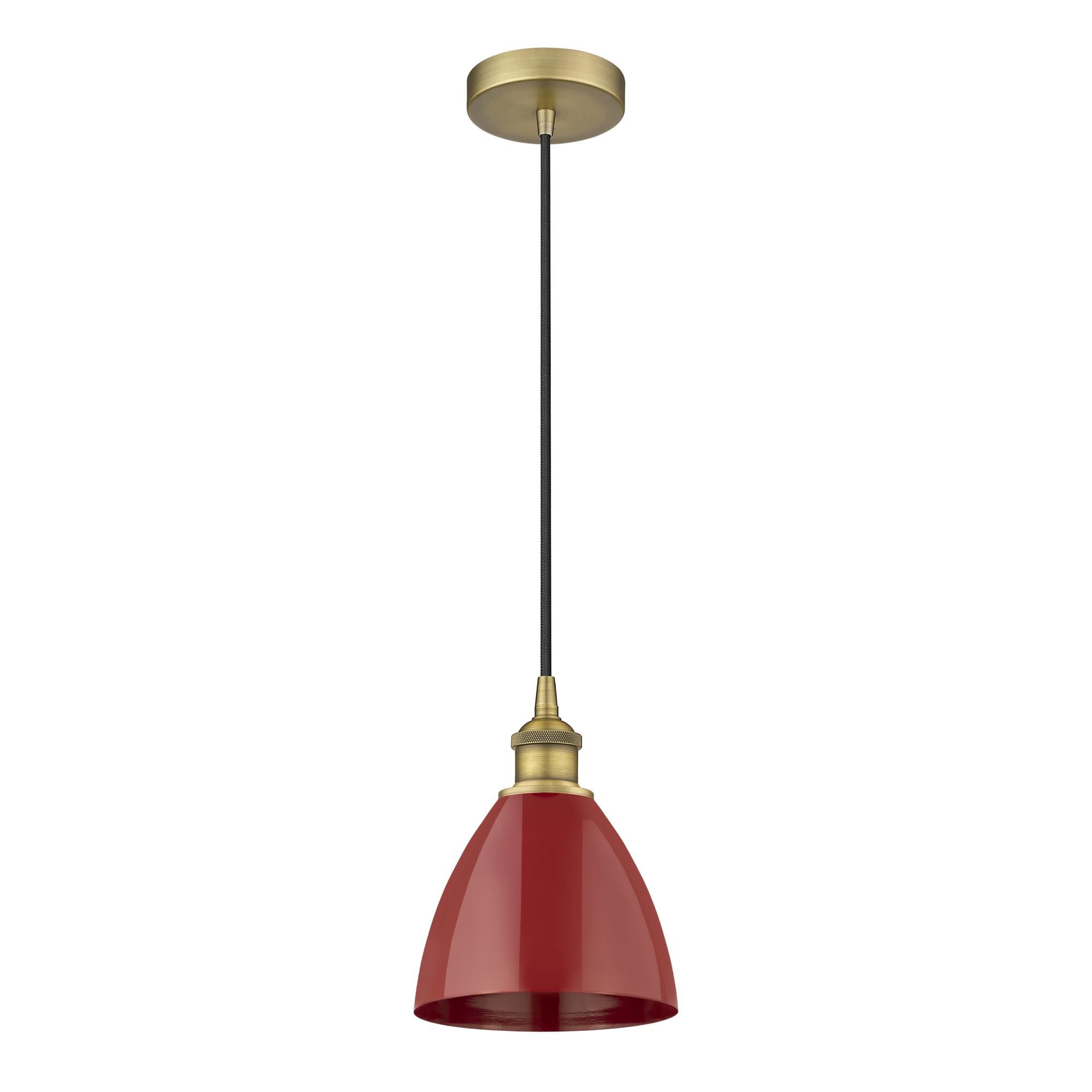 Shown in Brushed Brass finish and Red Dome shade