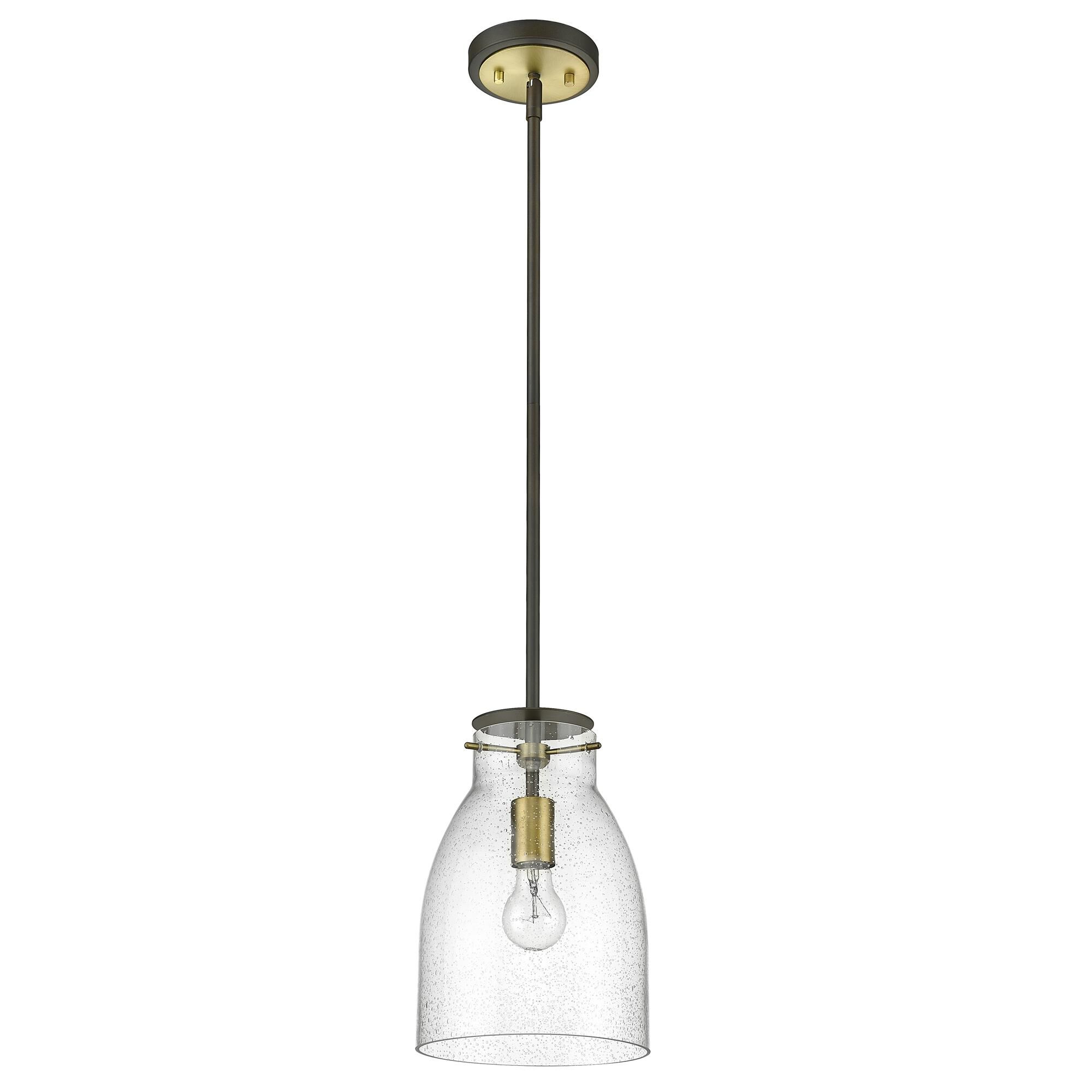 Shown in Oil Rubbed Bronze And Antique Brass finish and Clear Seedy Glass shade