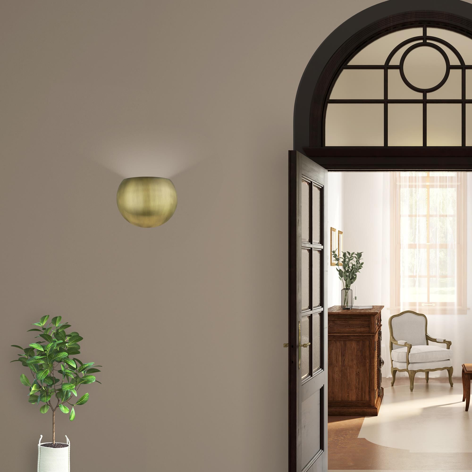 Shown in Antique Brass finish and Antique Brass Metal with White Inside shade