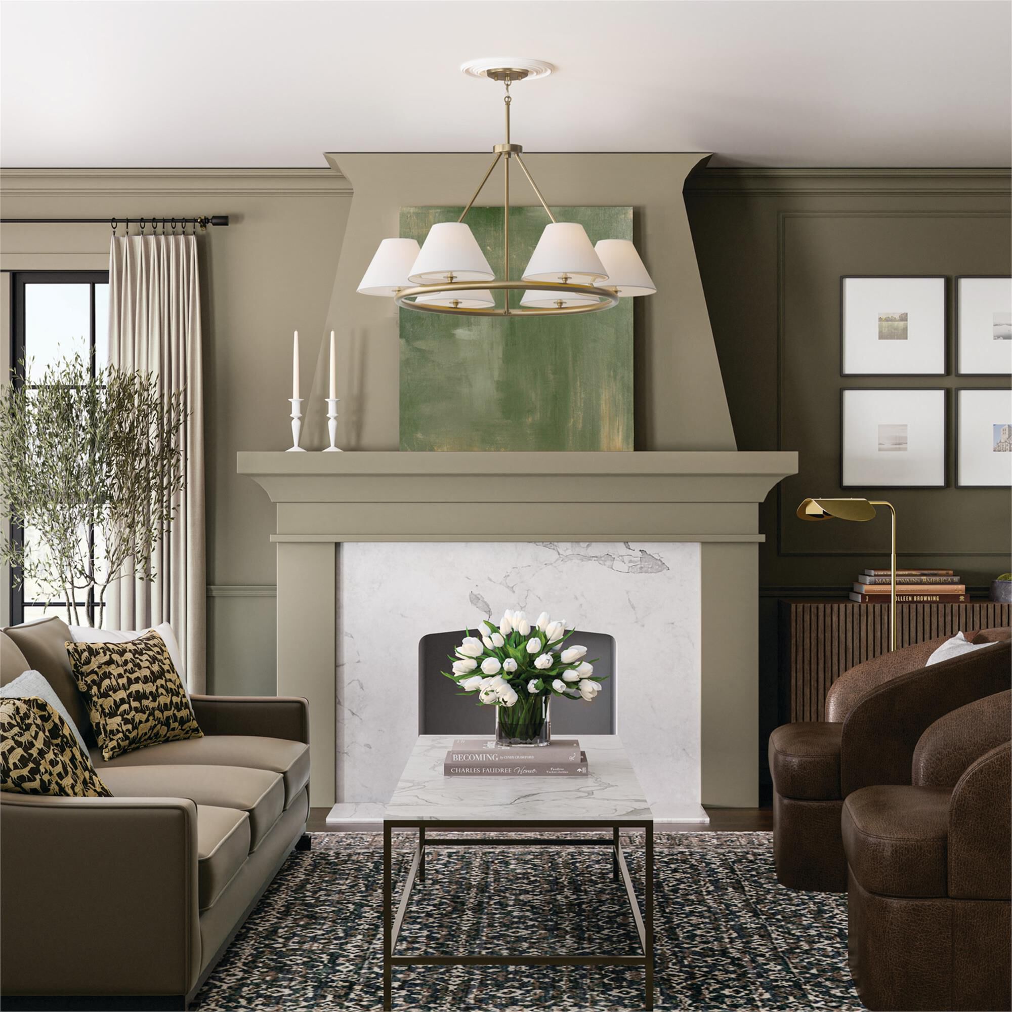 Shown in Matte Brass finish and Soft White Fabric Stay-Straight shade
