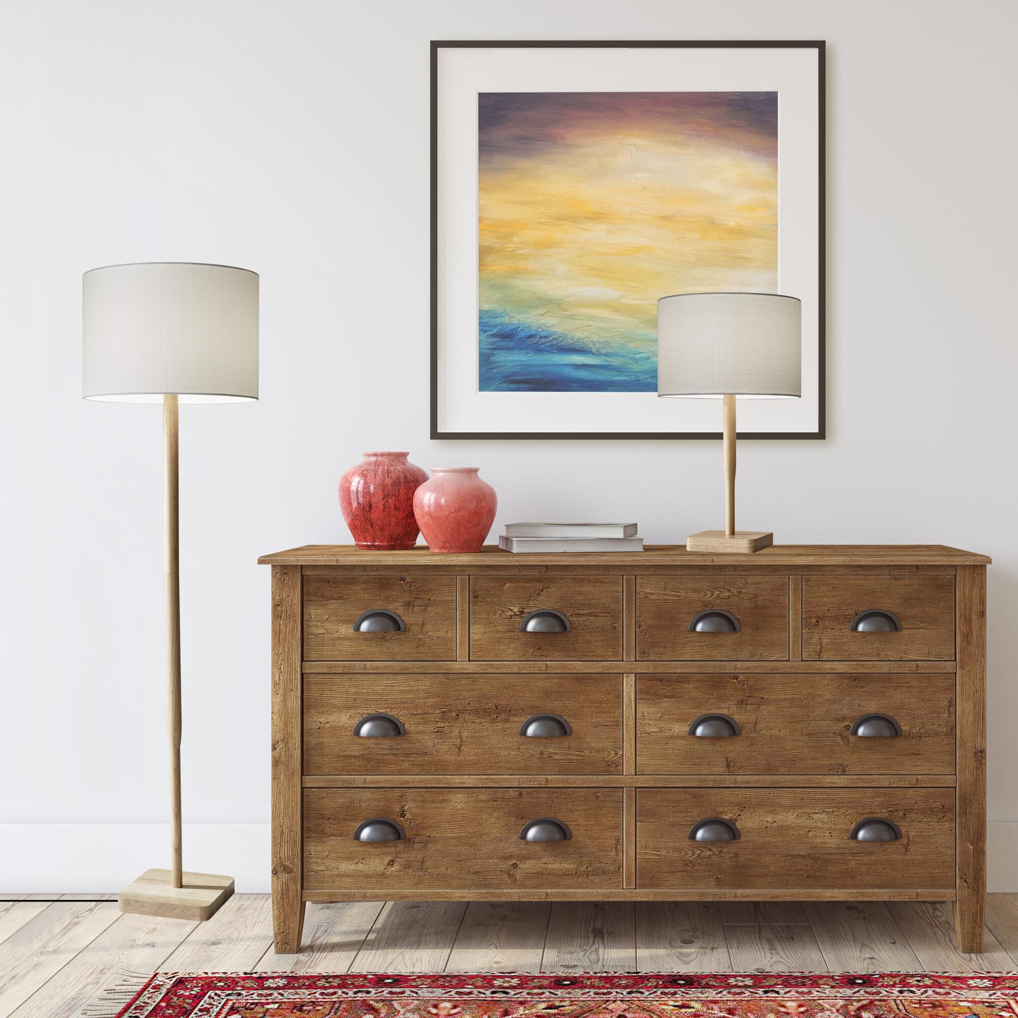 Shown in Natural Rubber Wood finish and White Paris Linen shade