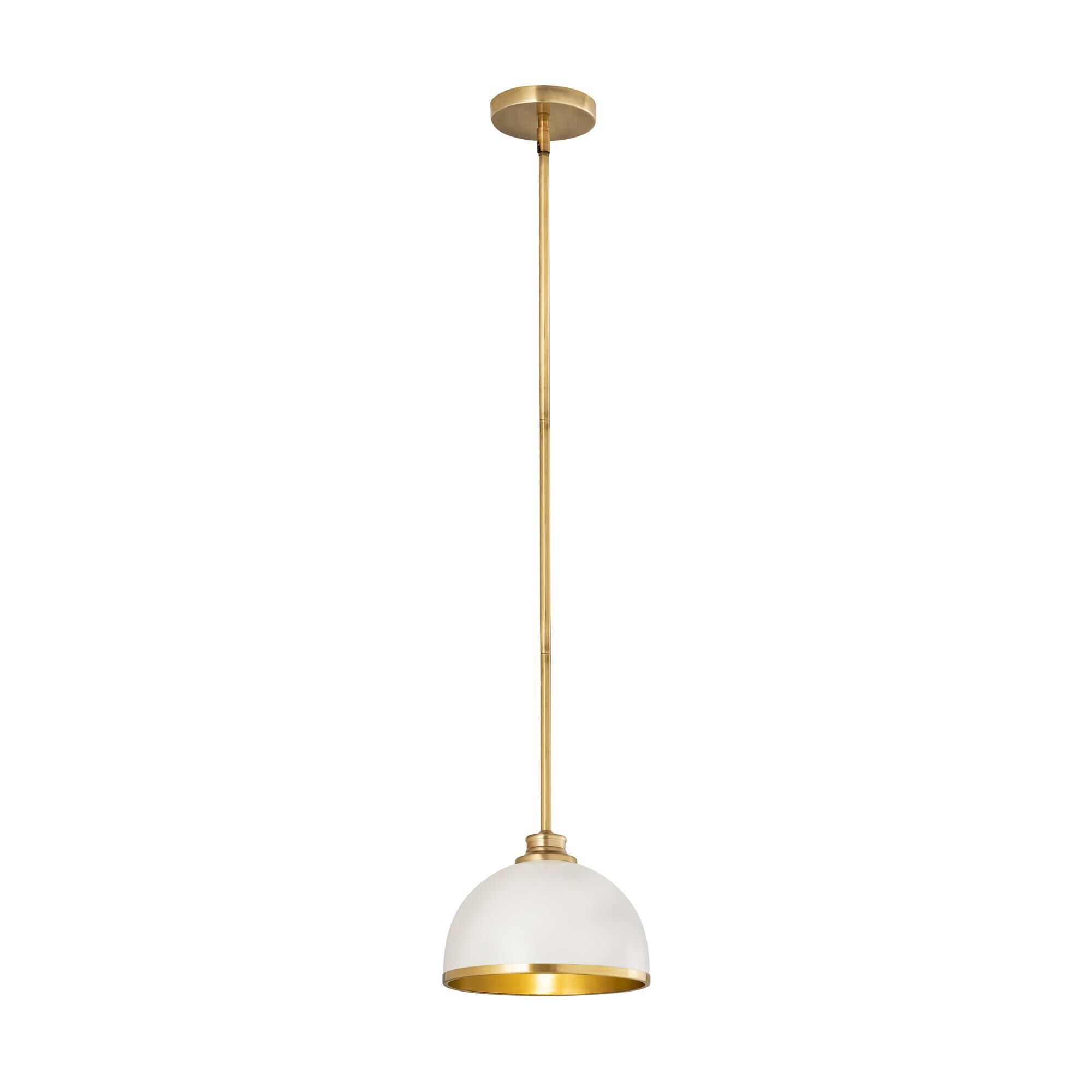 Shown in Matte White And Rubbed Brass finish and Stainless Steel glass and Stainless Steel shade
