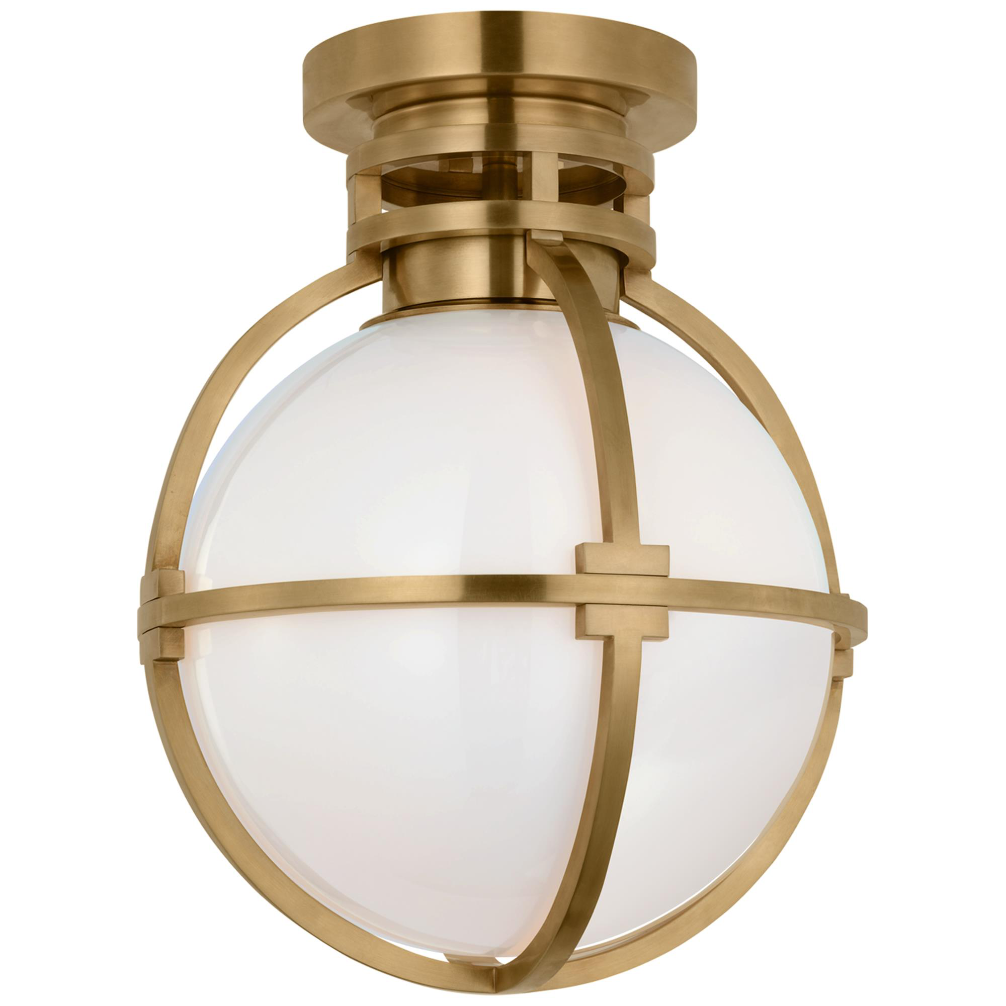 Shown in Antique-Burnished Brass finish and White glass