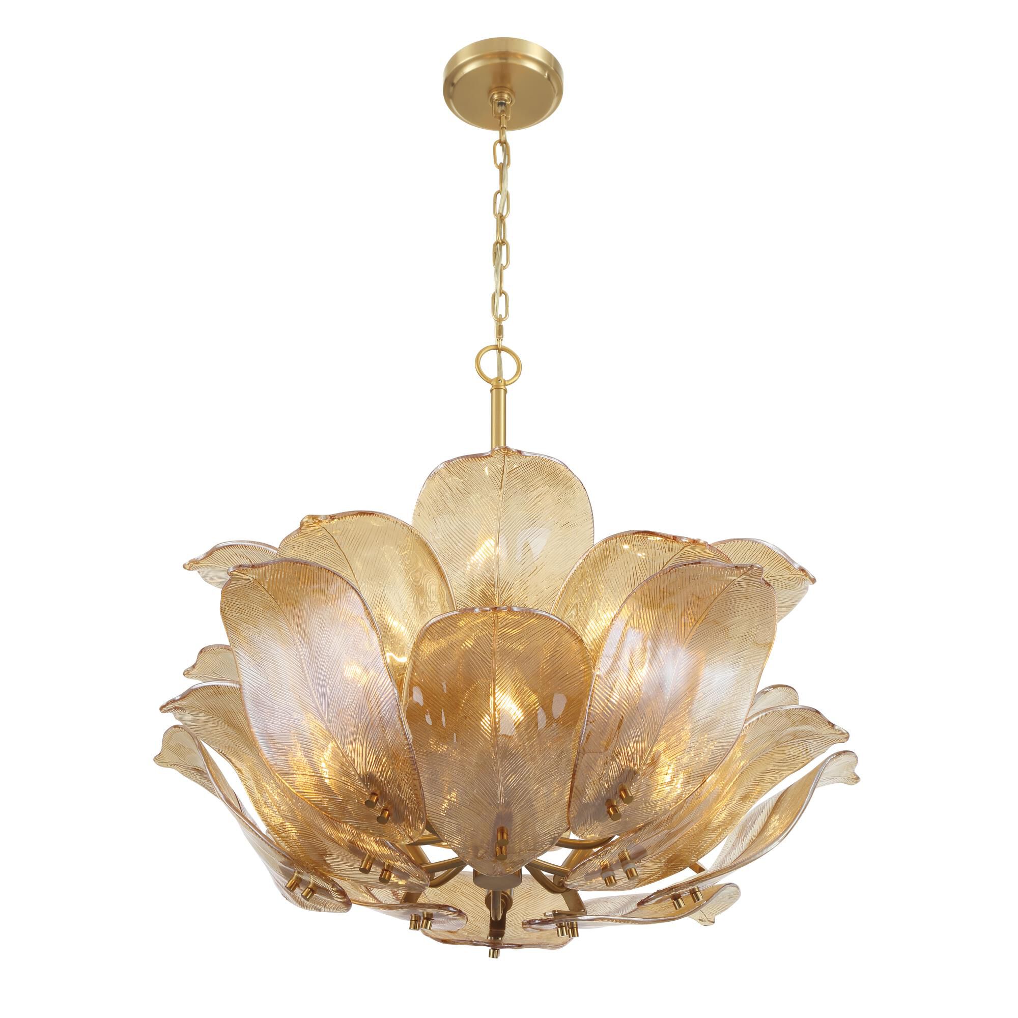 Shown in Legacy Brass finish and Amber Handmade glass