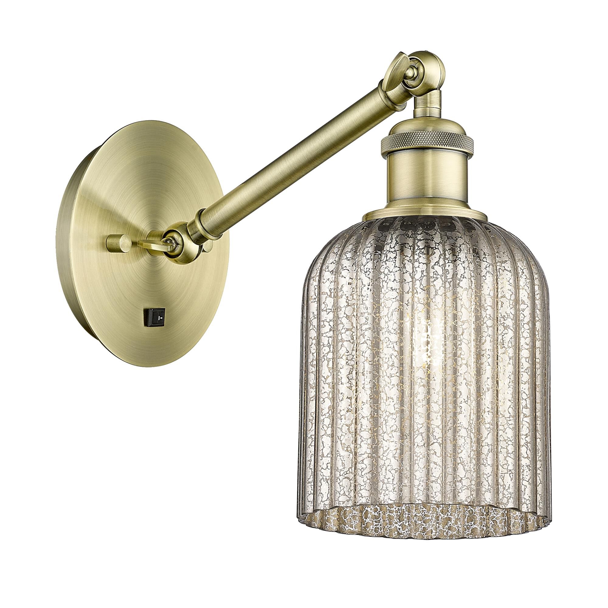 Shown in Antique Brass finish and Mercury shade