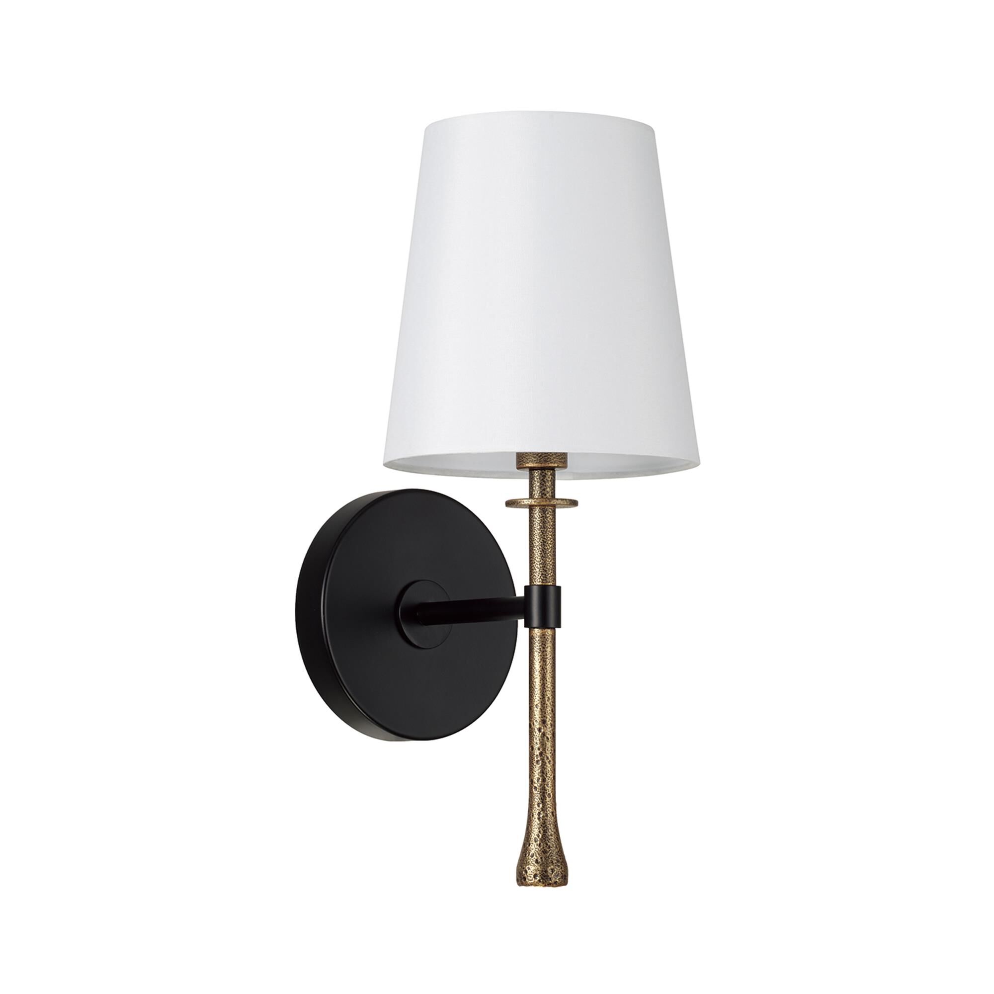 Shown in Matte Black With Hammered Gold finish and White Fabric Stay-Straight shade
