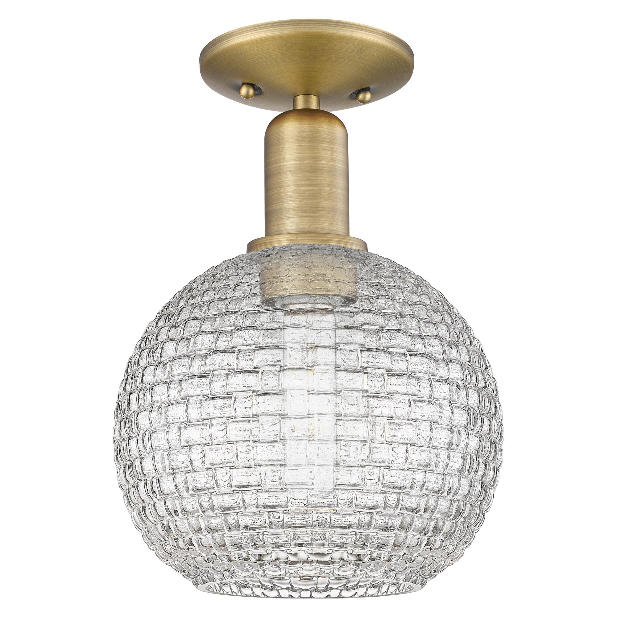 Shown in Brushed Brass finish and Clear Basketweave glass