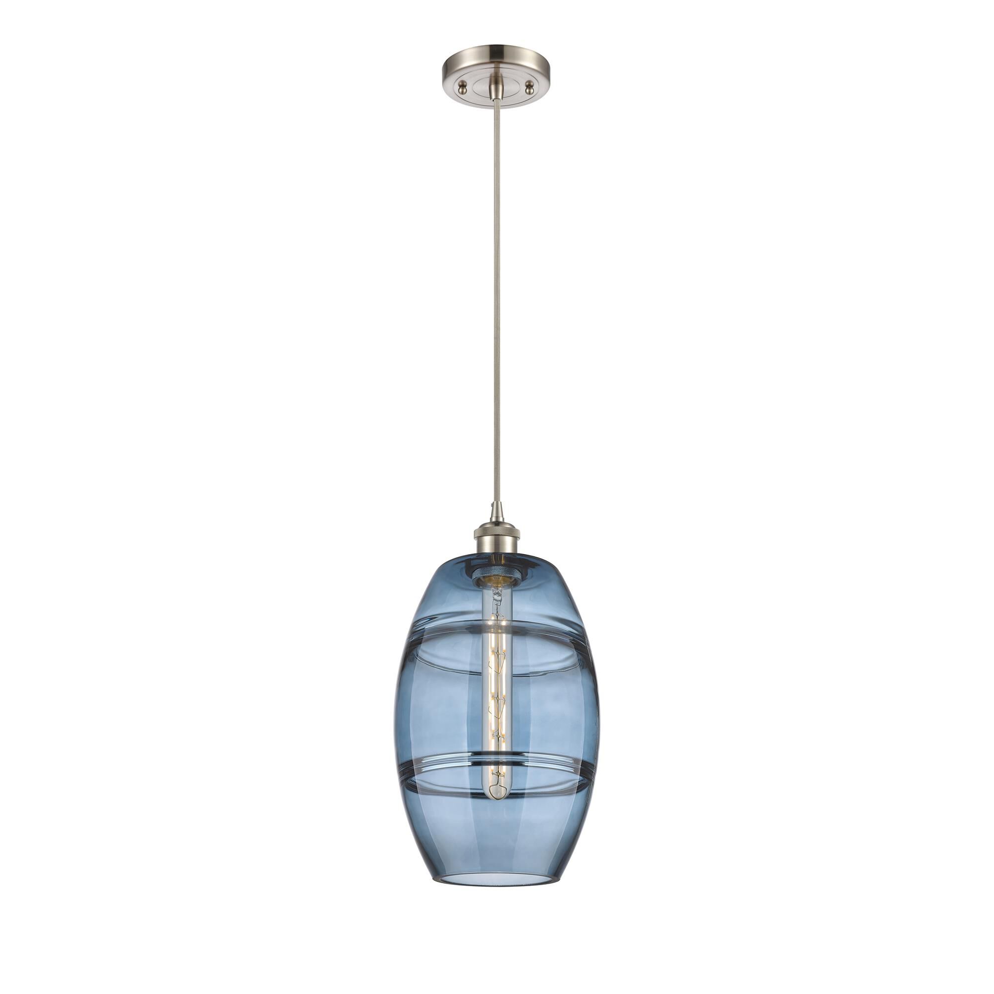 Shown in Brushed Satin Nickel finish and Princess Blue glass