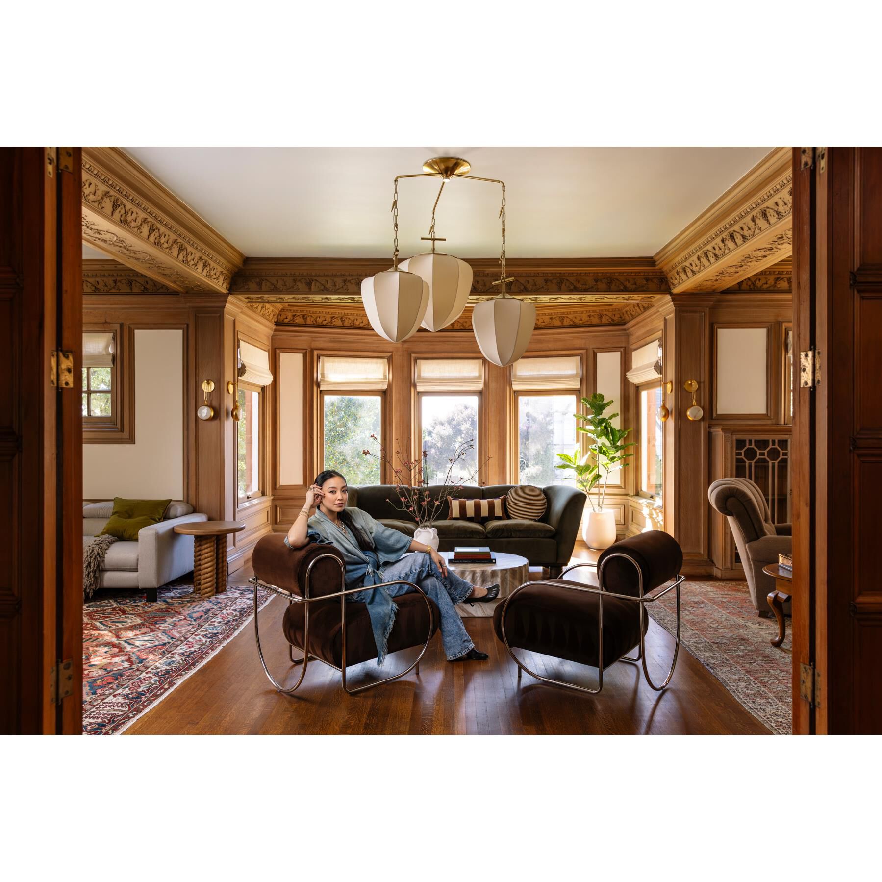 Shown in Vintage Brass finish and Silk shade