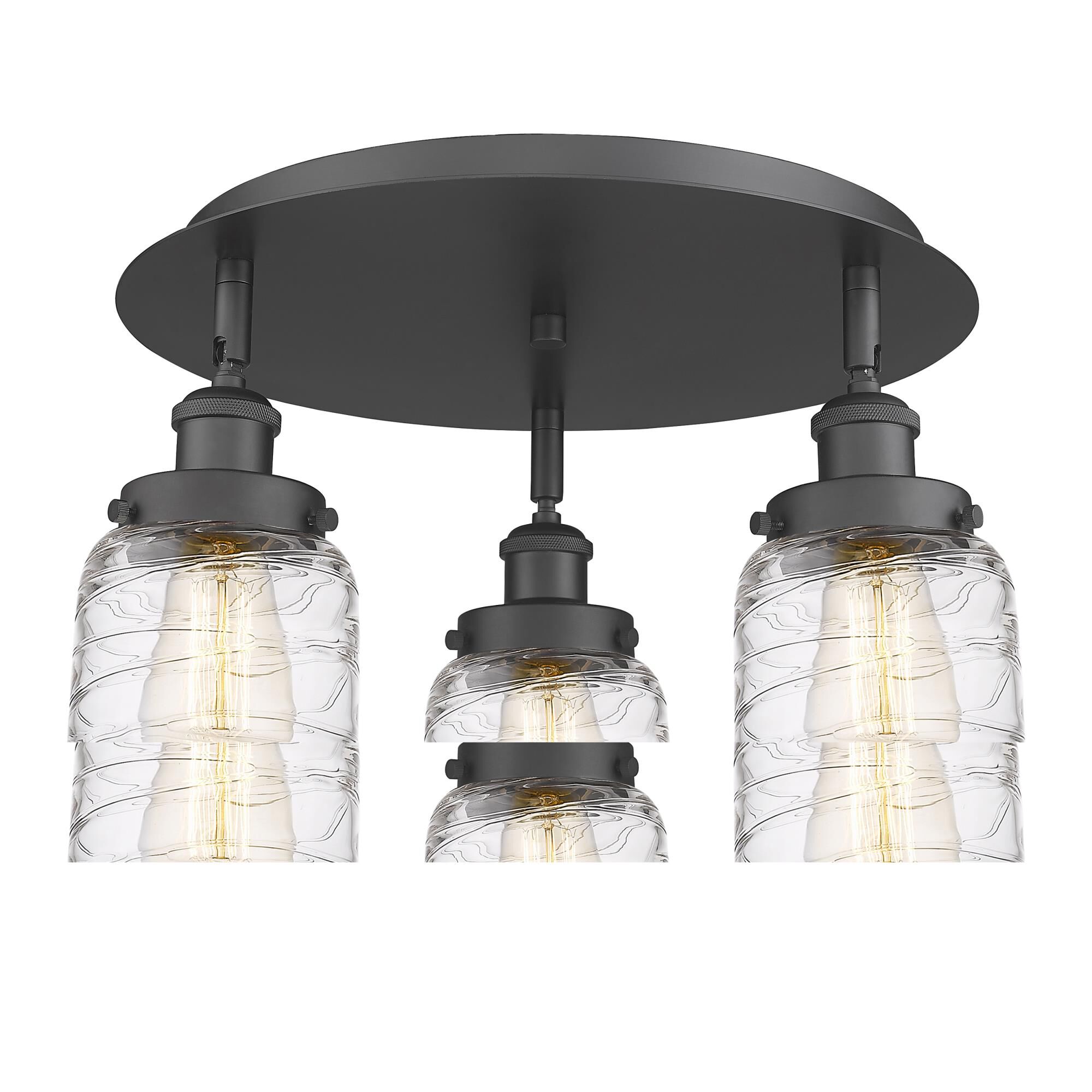 Shown in Matte Black finish and Clear Deco Swirl glass