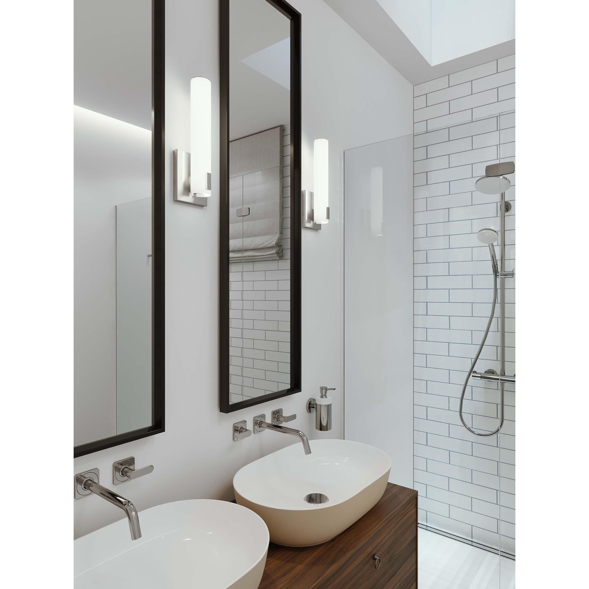 Shown in Satin Nickel finish and Frosted White glass