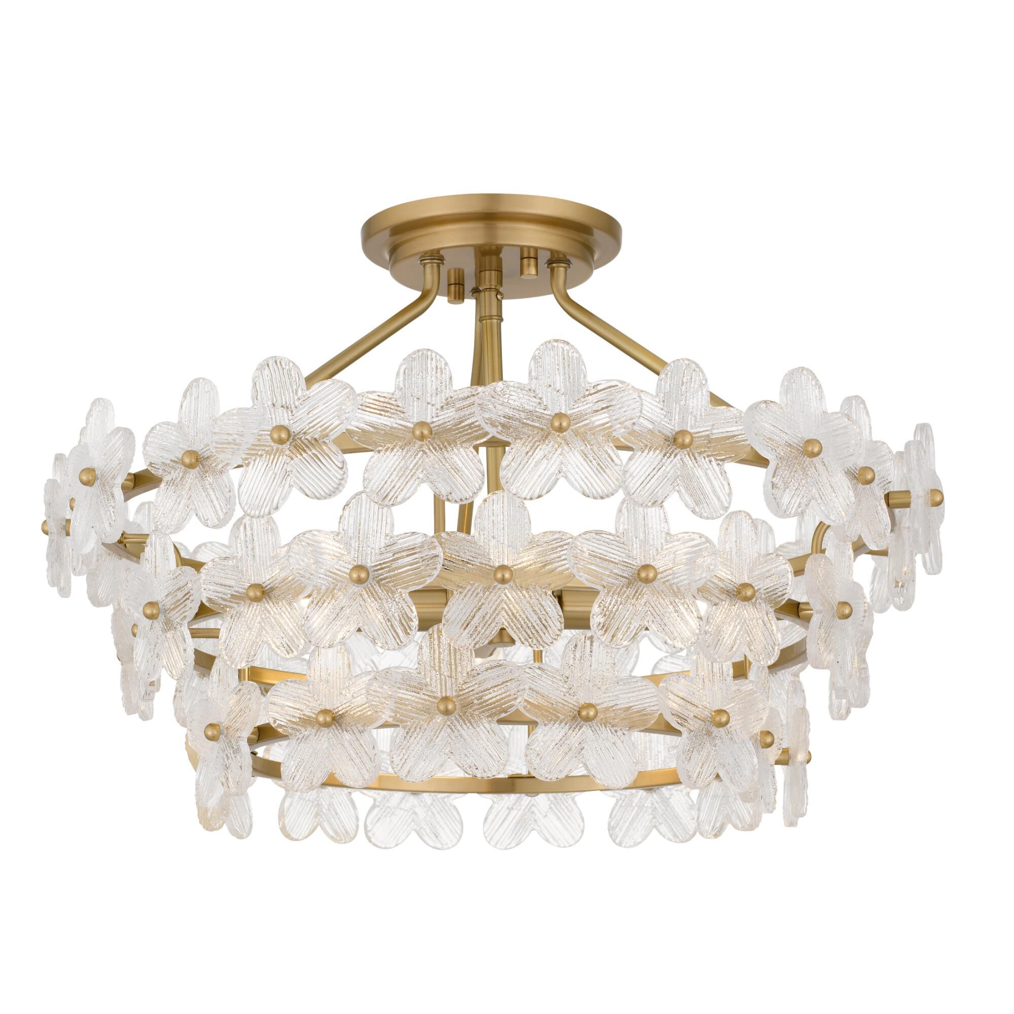 Shown in Brushed Gold finish and Clear Textured Glass shade