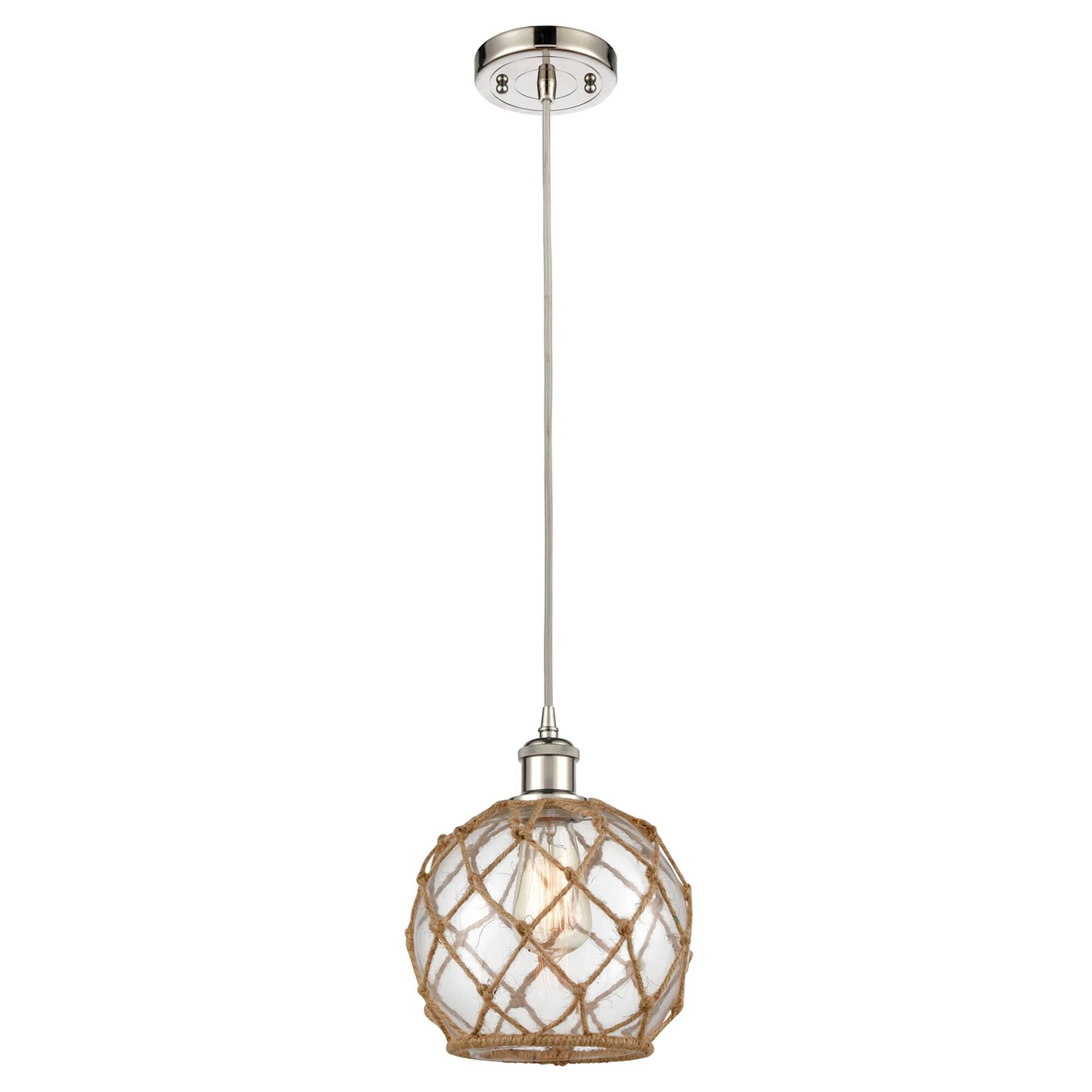Shown in Polished Nickel finish and Clear Farmhousewith Brown Rope glass