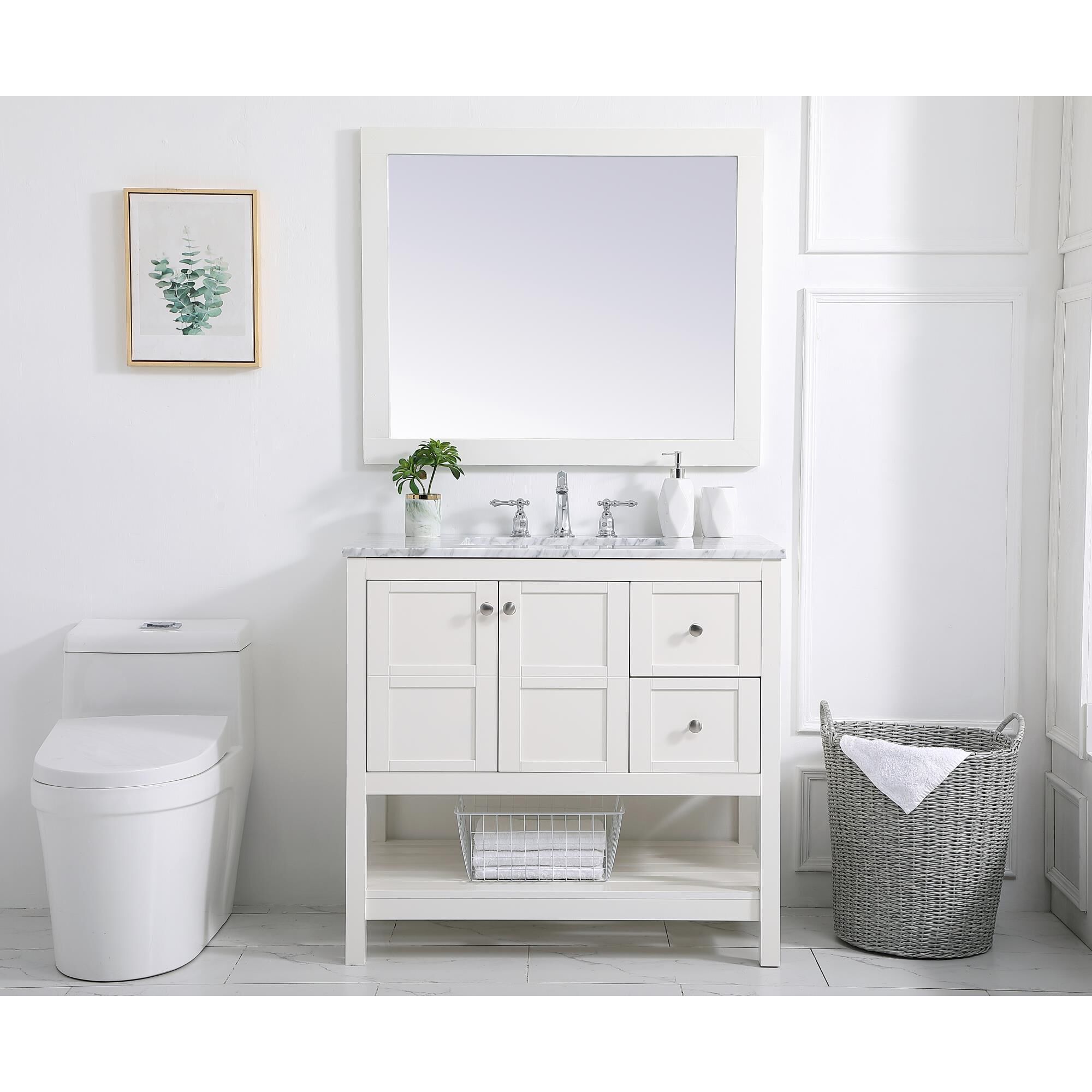 Shown in White And Brushed Nickel With Carrara White Marble finish