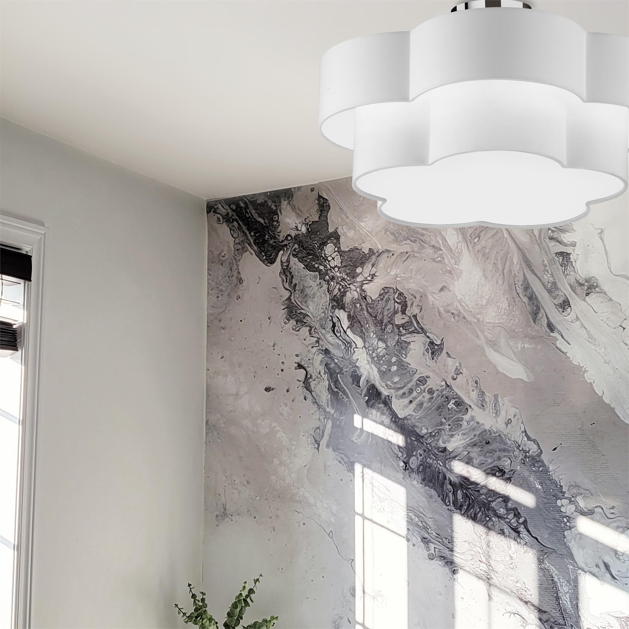Shown in White and Polished Chrome finish and White Fabric Scallop shade