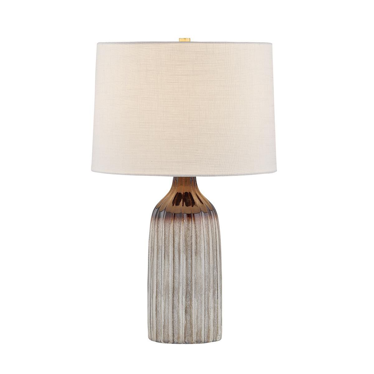 Shown in Aged Brass and Ceramic Affogato finish and Textured Linen shade