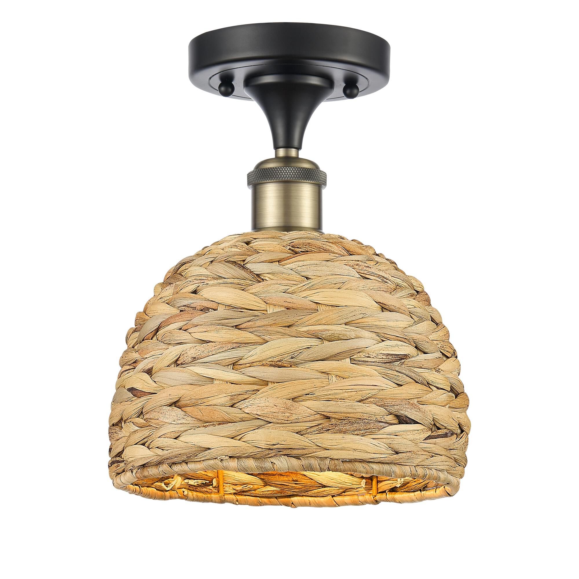 Shown in Black Antique Brass finish and Natural shade