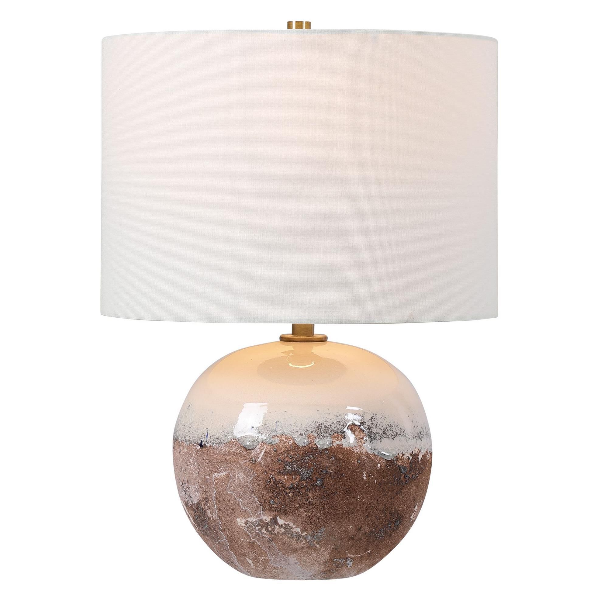 Shown in This Accent Lamp Features A Ceramic Base Finished In An Earthy Terra Cotta Rust That Transitions Int finish and Round Drum Hardback shade