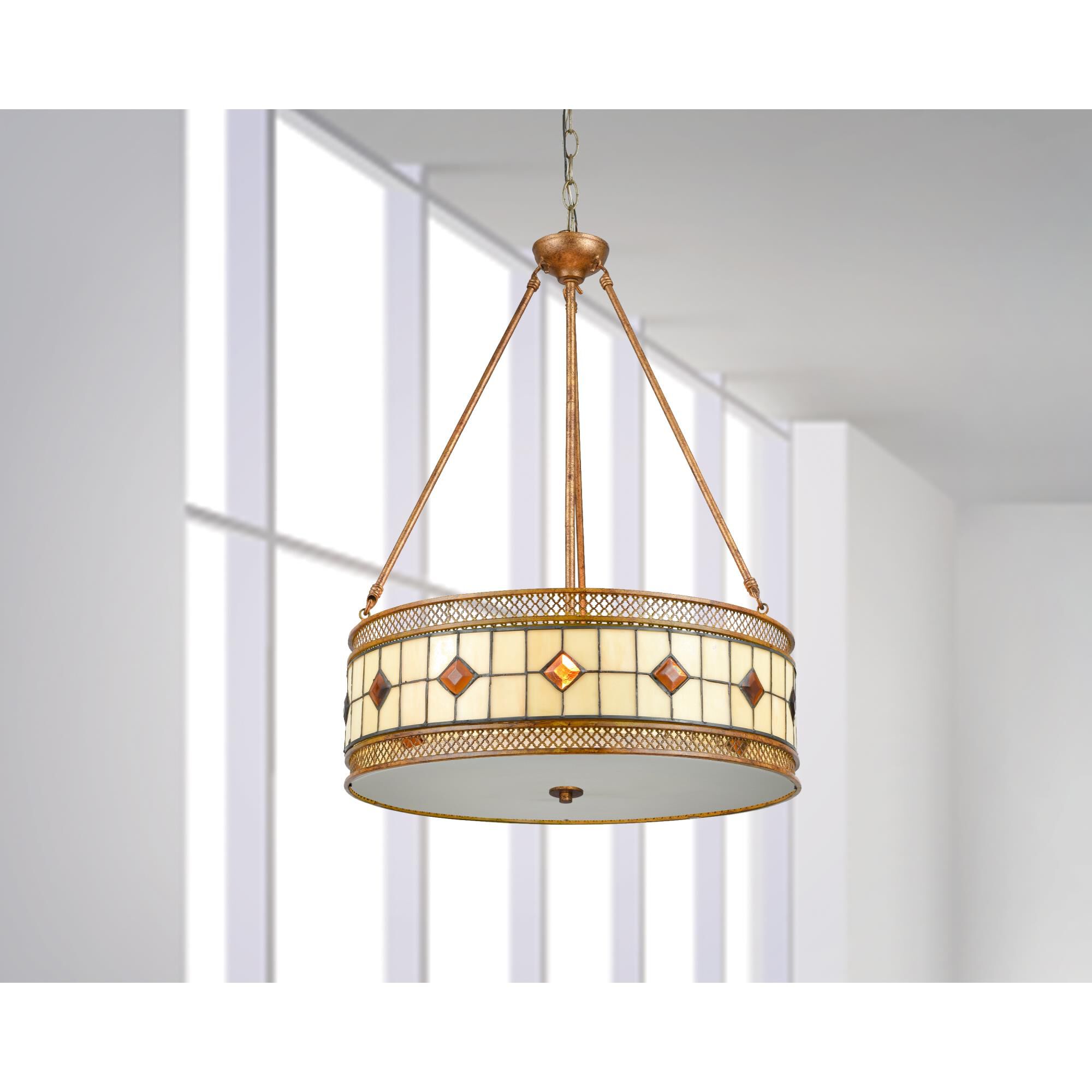 Shown in Rustic Bronze finish and Tiffany / Metal shade