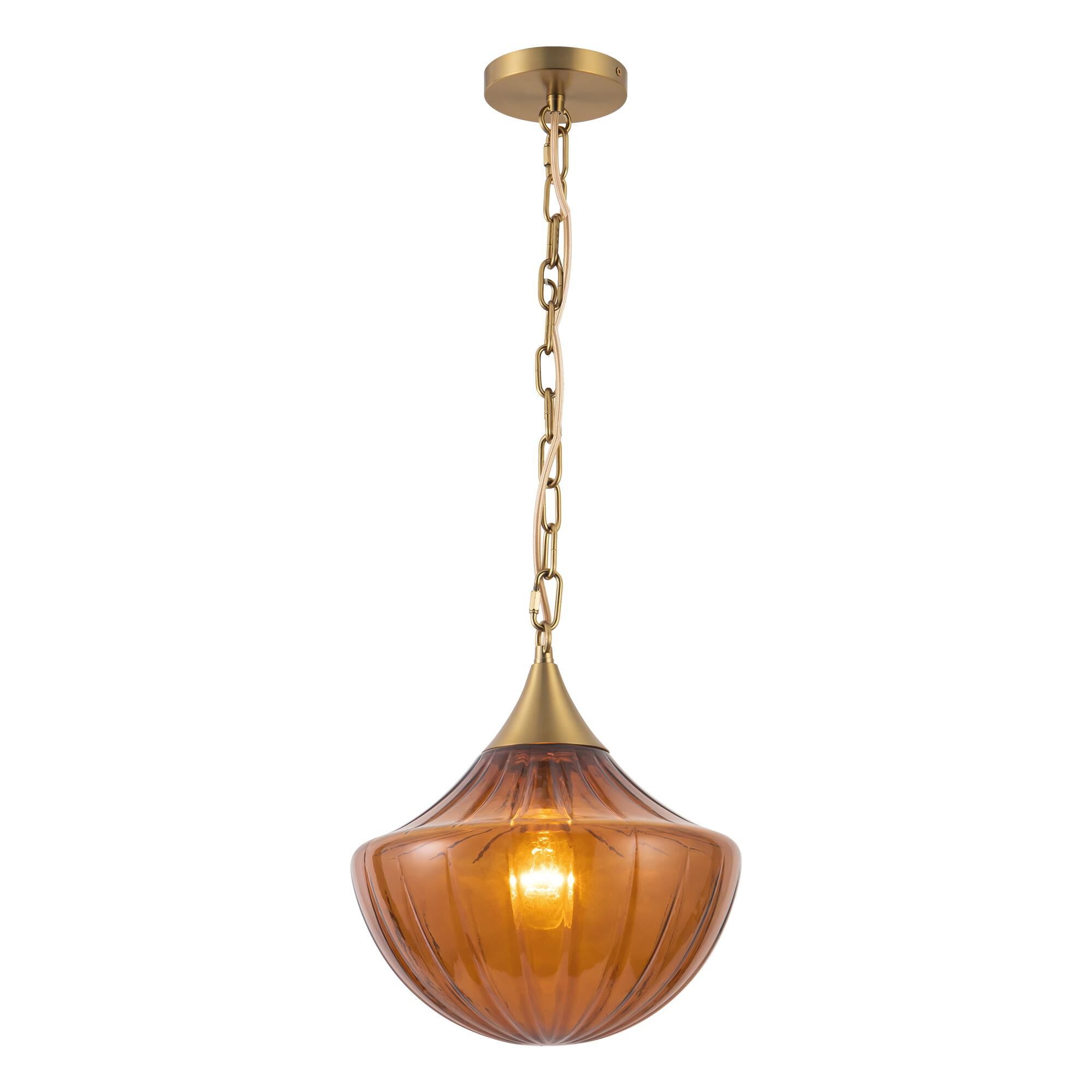 Shown in Brushed Gold finish and Amber Ribbed glass