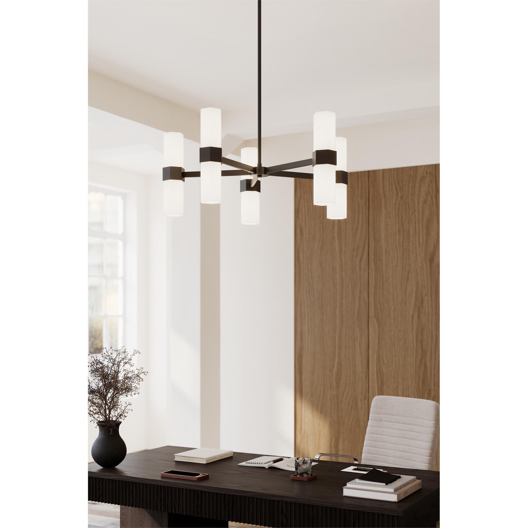 Shown in Dark Matte Black finish and Etched Opal glass