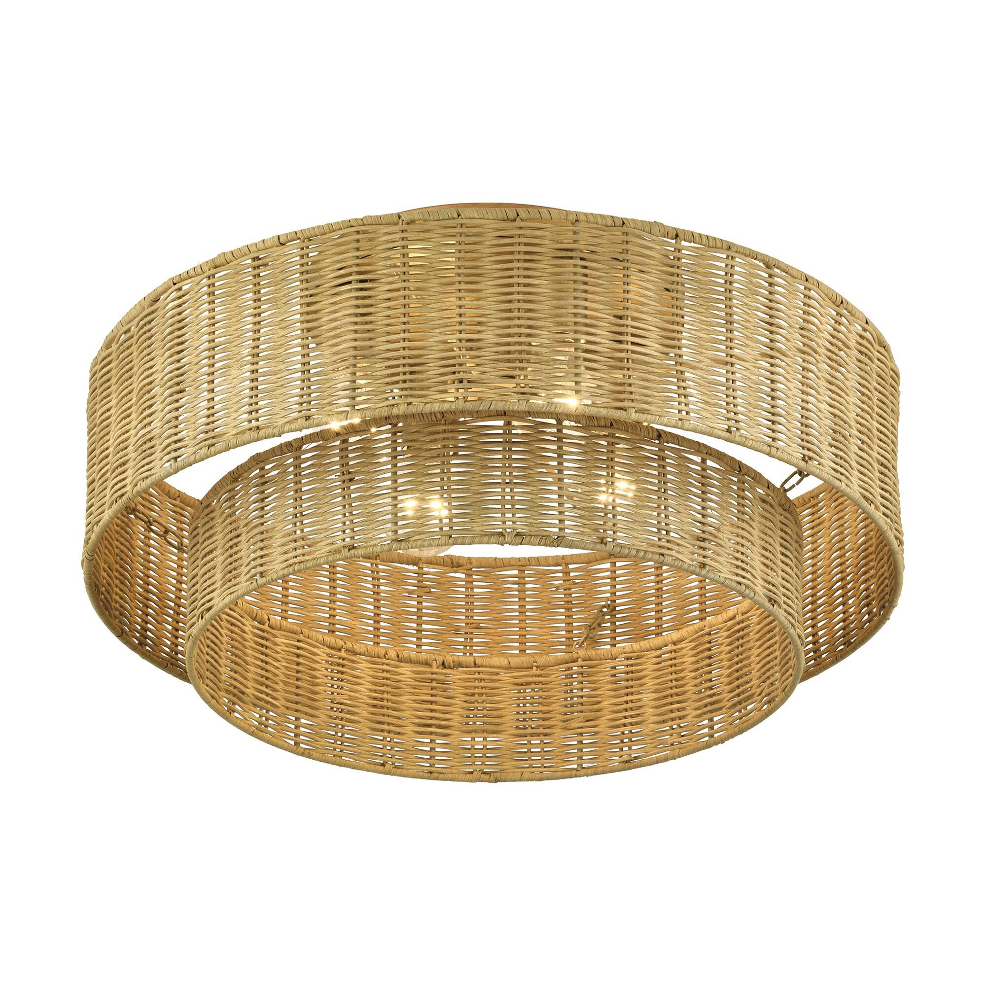 Shown in Antique Gold Leaf finish and Hand-Woven Rustic Walnut Color Rattan shade